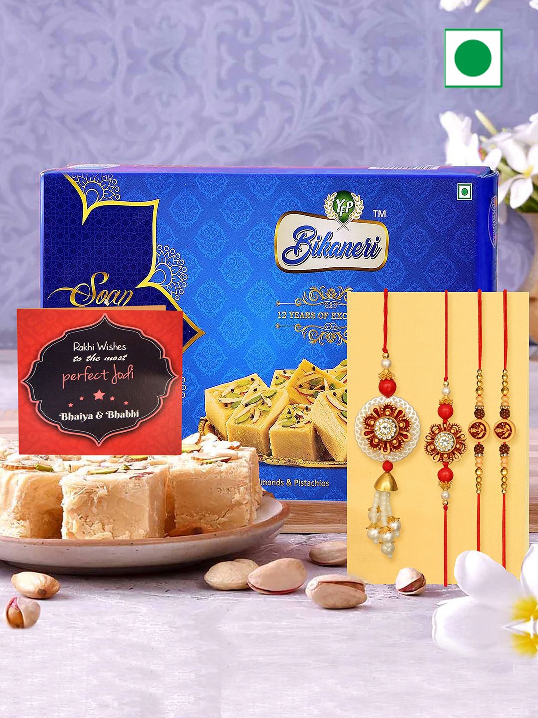 

TIED RIBBONS Set Of 4 Bhaiya Bhabhi Kids Rakhi with Soan Papdi Sweets Gift Hamper, Gold