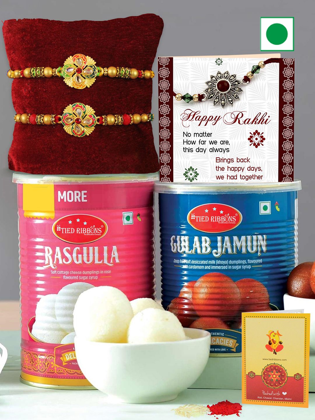 

TIED RIBBONS 2 Pcs Rakhi Gift Set With Rasgulla Gulab Jamun Sweet, Red