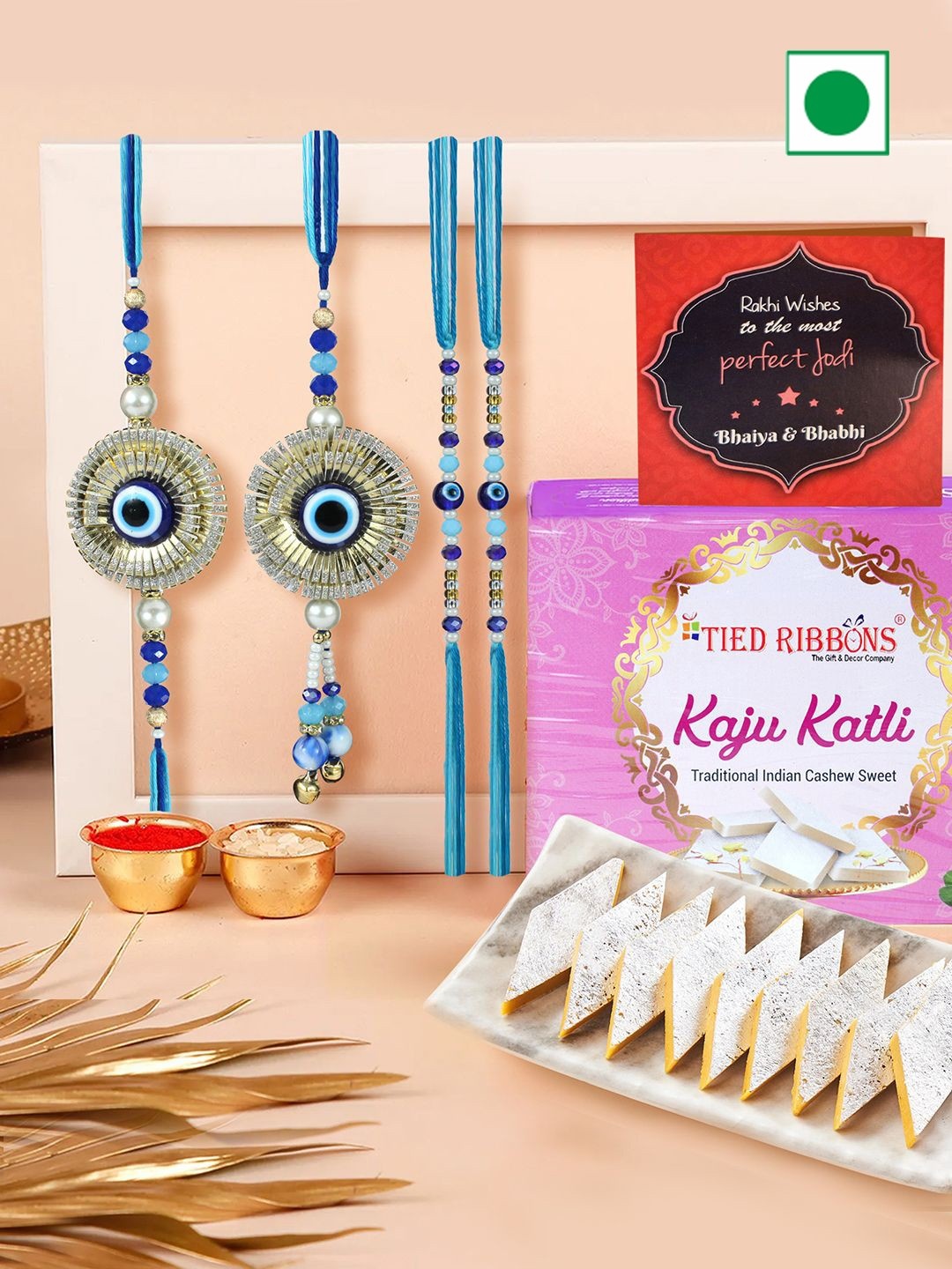 

TIED RIBBONS Set of 4 Family Rakhis, 1 Card and Roli Chawal with Kaju Katli Sweets Gifts, Multi