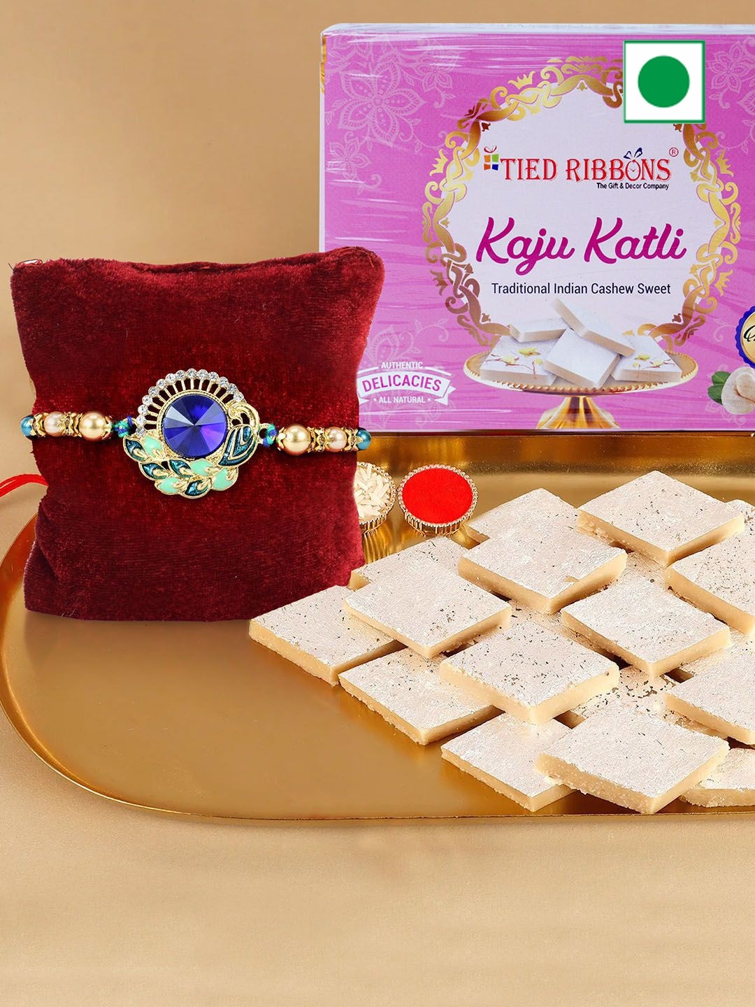 

TIED RIBBONS Rakhi with Sweets Kaju Katli Card & Roli Chawal Gift Hamper, Multi