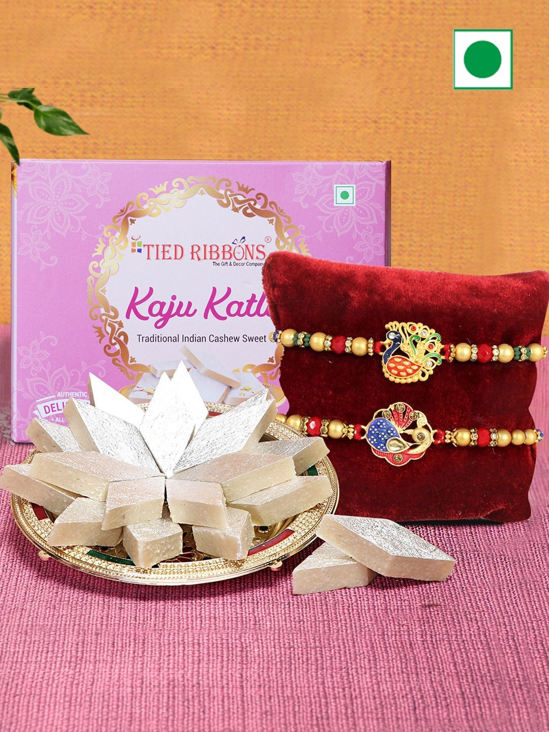 

TIED RIBBONS 2 Pcs Rakhi Gift Set With Kaju Katli Gift Hamper, Red