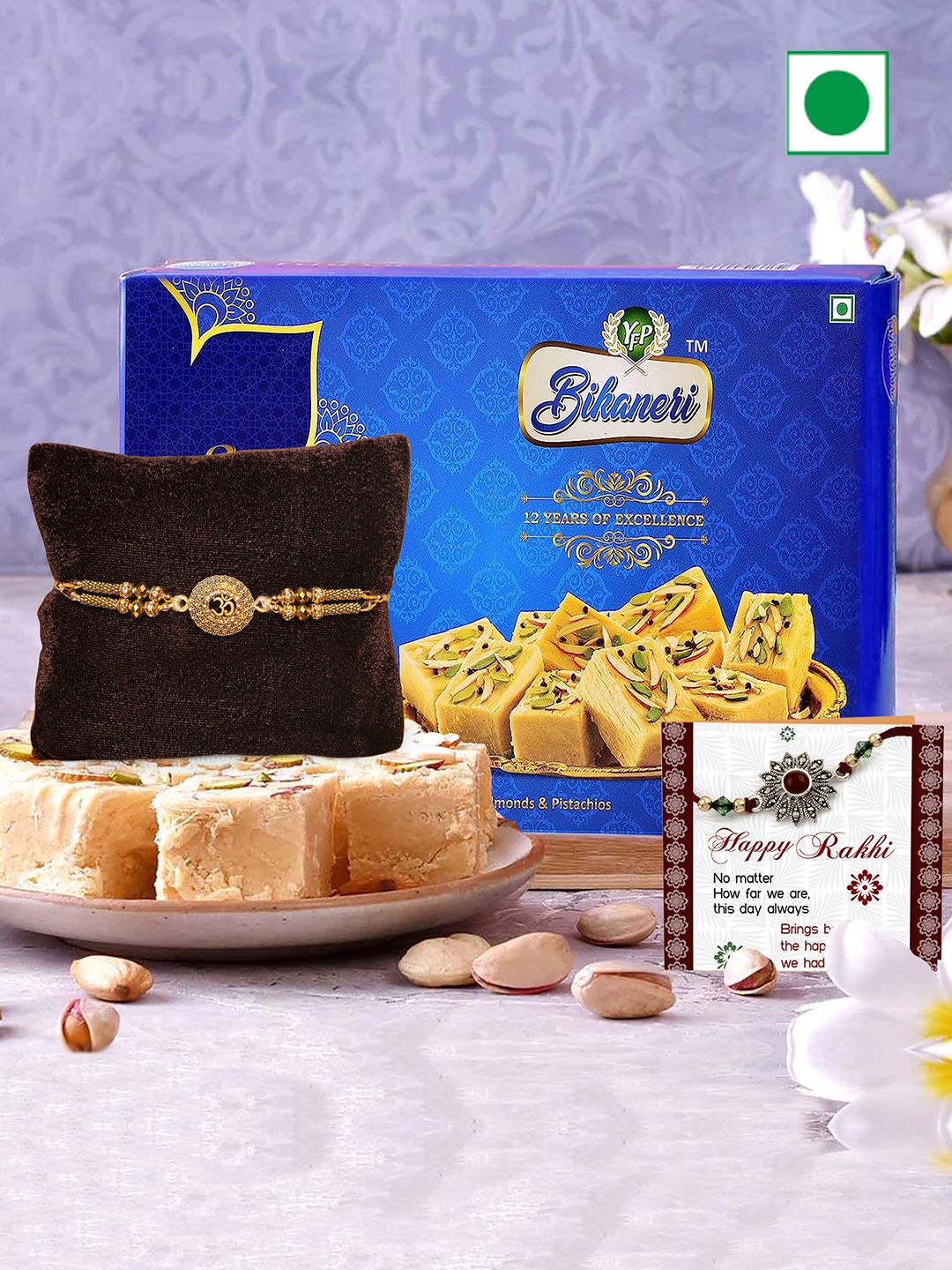 

TIED RIBBONS Rakhi with Soan Papdi Sweets Combo Gift, Gold