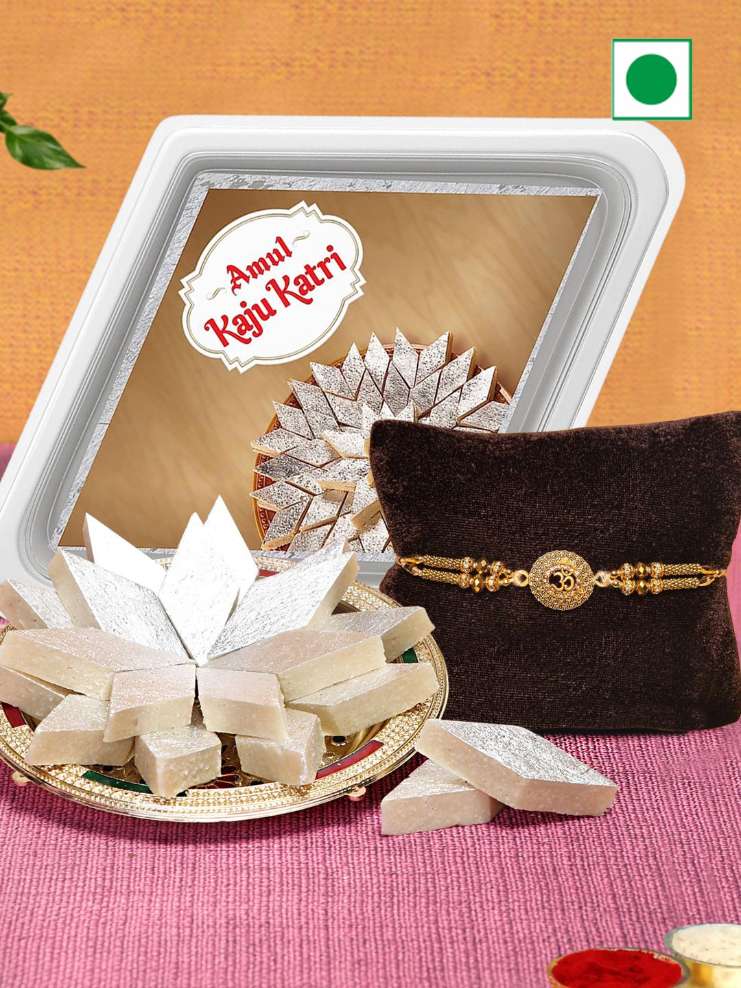 

TIED RIBBONS Om Rakhi With Kaju Katli Gift Hamper, Gold