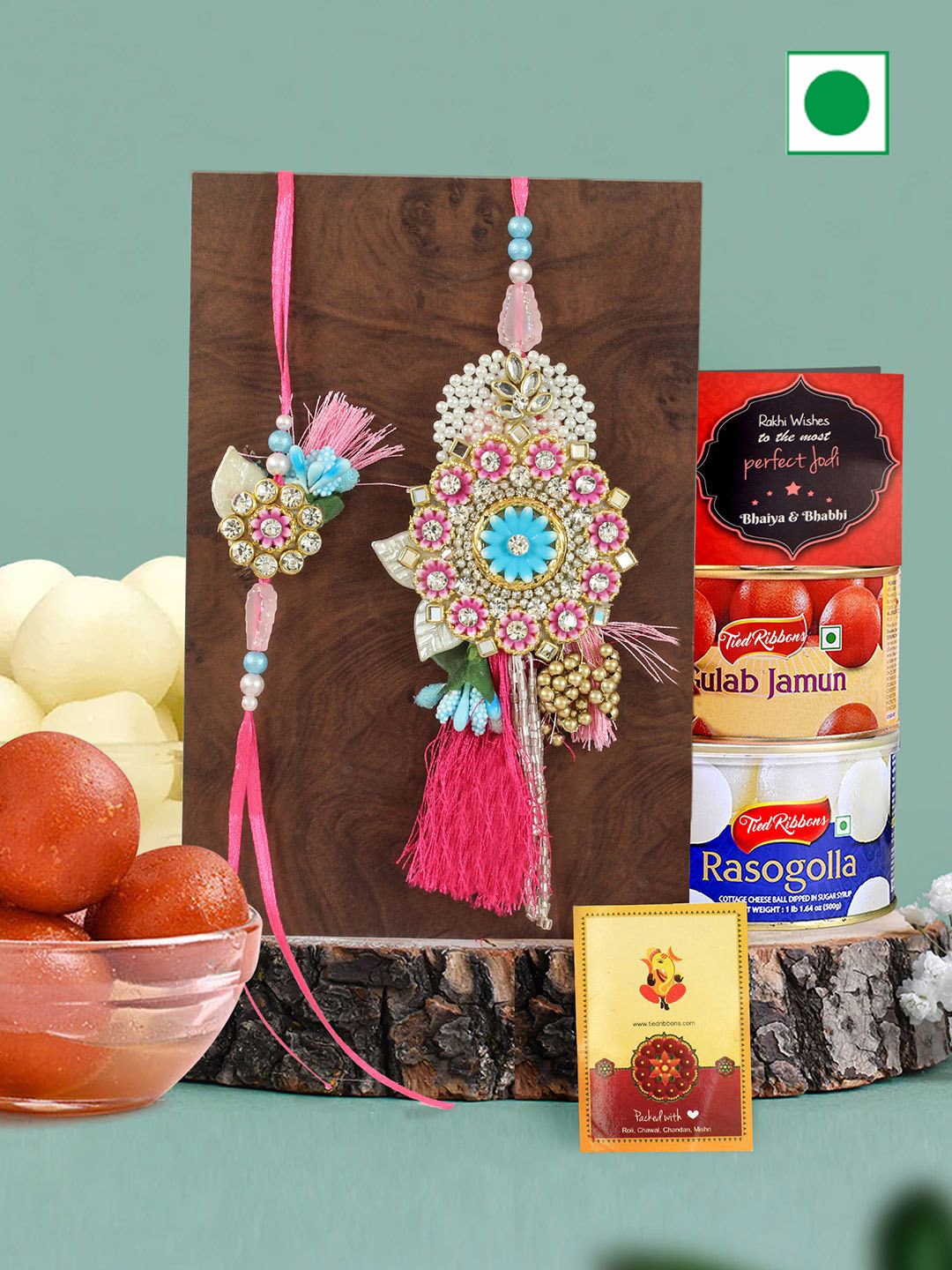 

TIED RIBBONS Set of 2 Bhaiya Bhabhi Rakhi With Rasgulla Gulab Jamun Gift Hamper, Pink