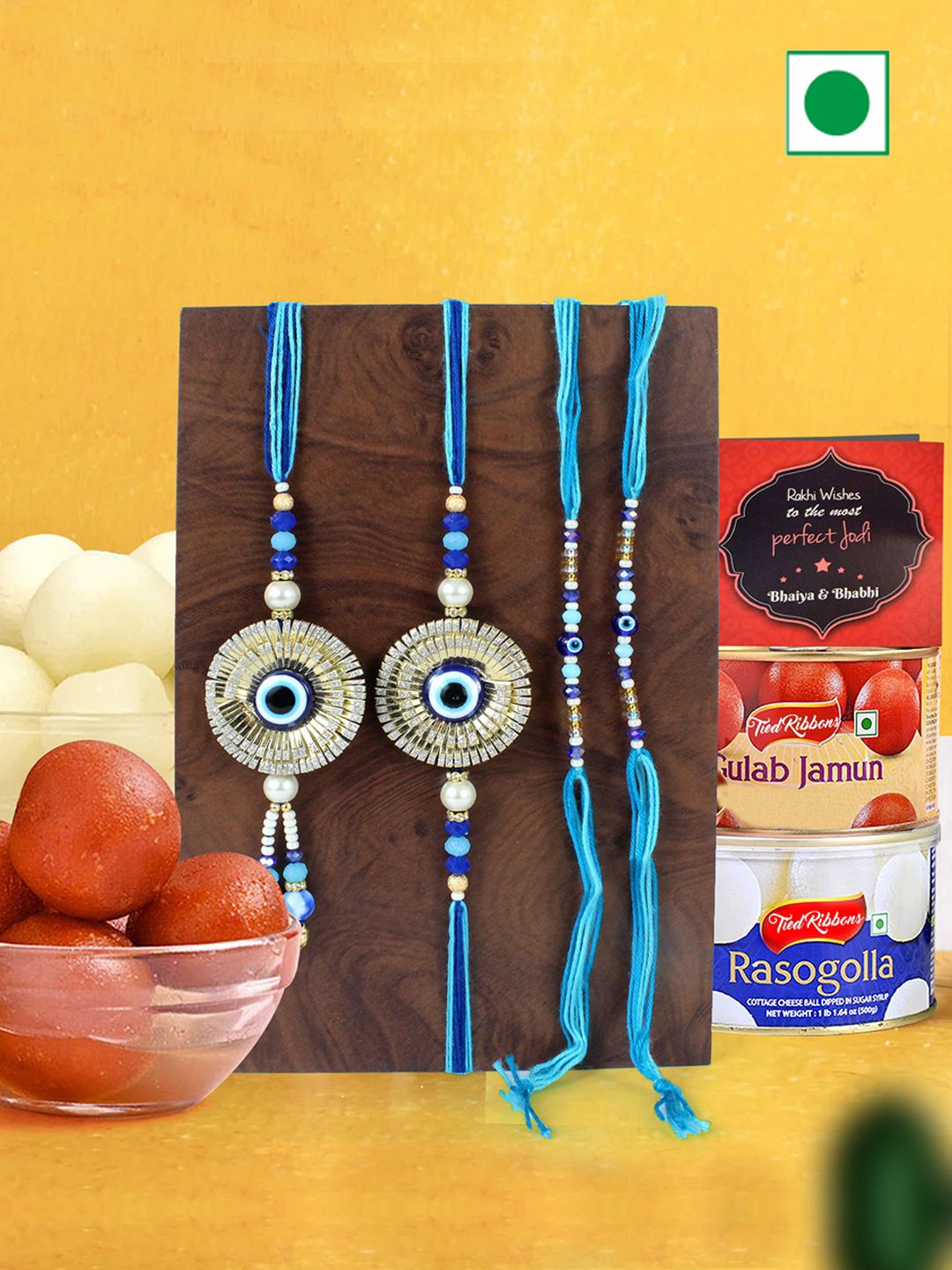 

TIED RIBBONS Set of 4 Bhaiya Bhabhi Rakhis With Roli Chawal Gulab Jamun Gifts, Blue