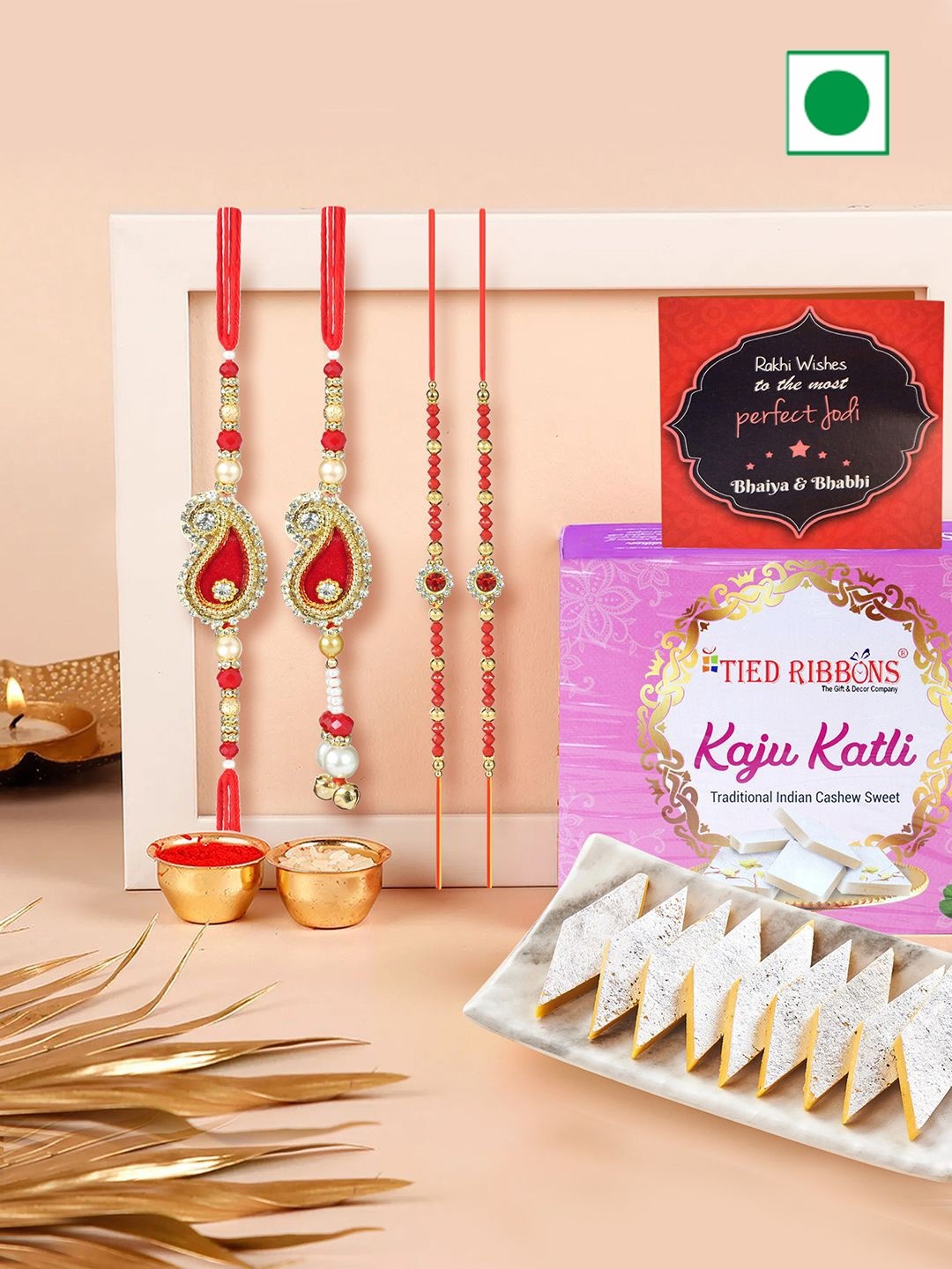 

TIED RIBBONS Set of 4 Bhaiya Bhabhi Kids Rakhi With Kaju Katli Gift Hamper, Red