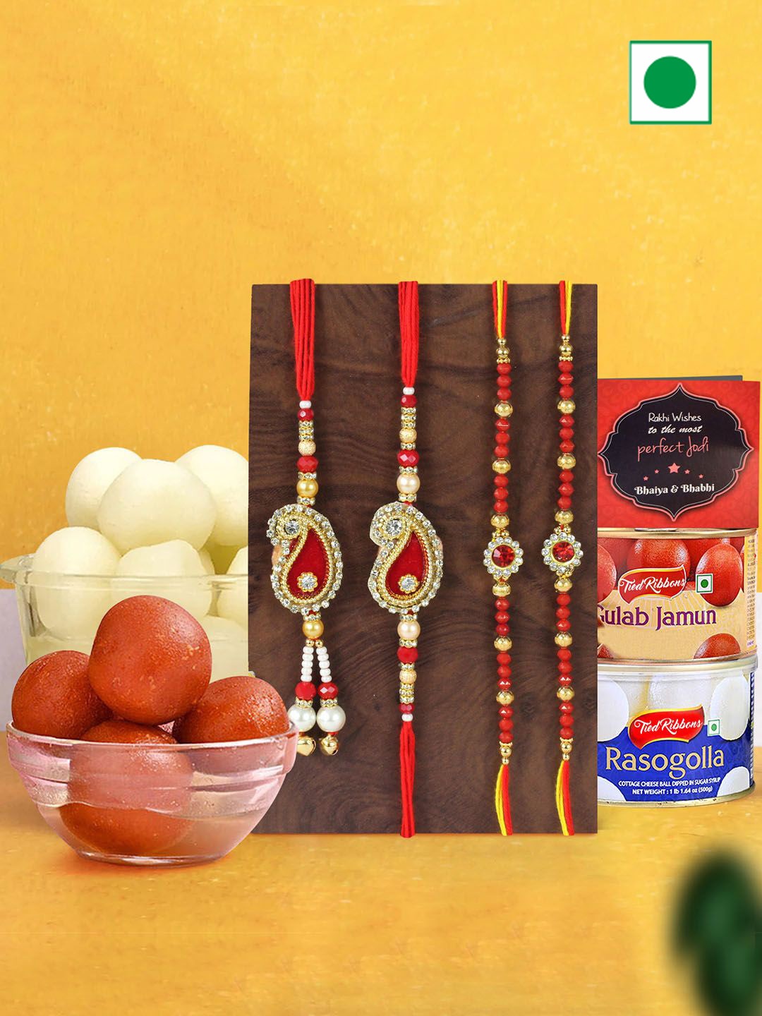 

TIED RIBBONS Set of 4 Bhaiya Bhabhi Kids Rakhis With Rasgulla Gulab Jamun Combo Gifts, Red