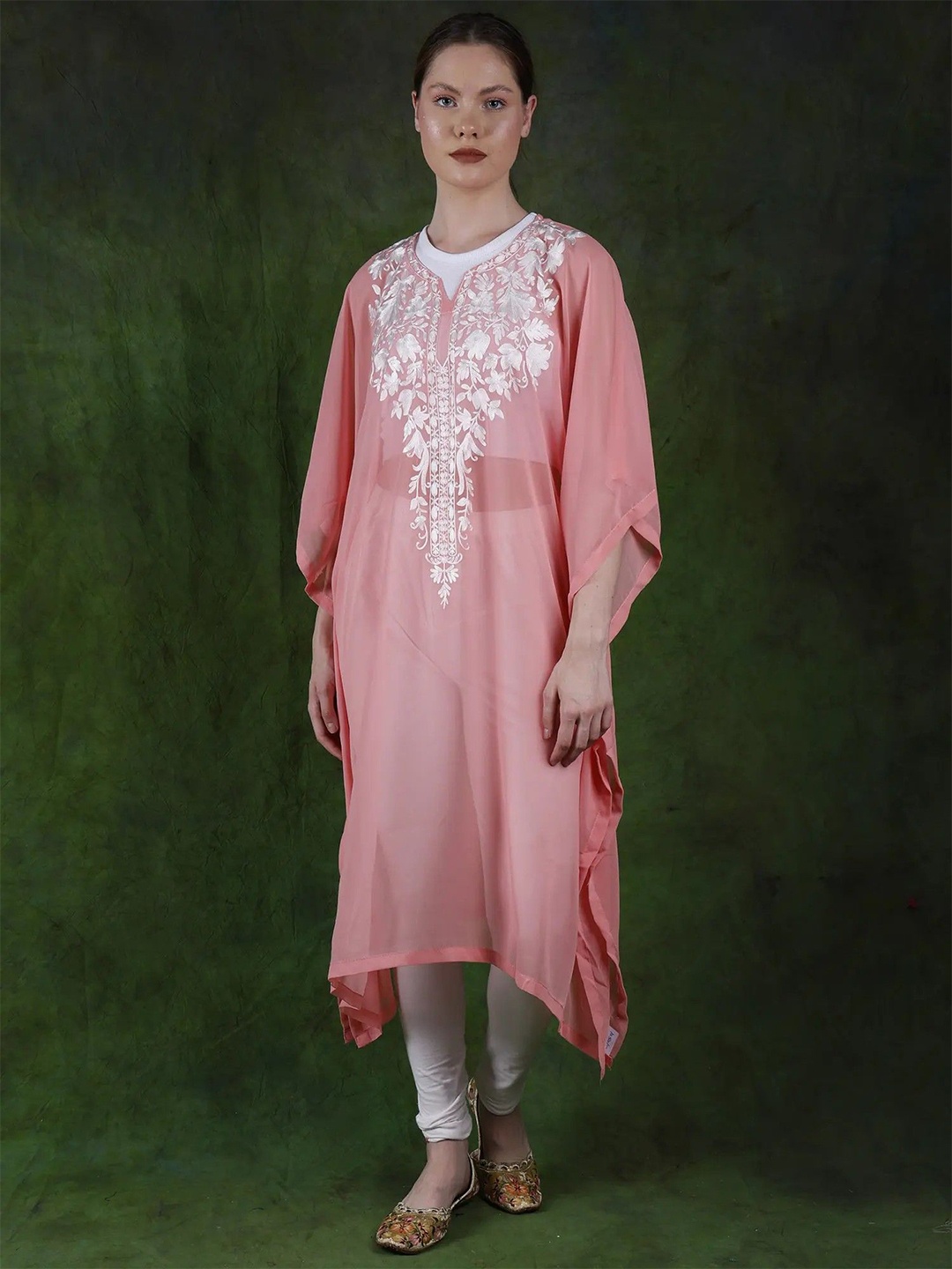 

Exotic India Pink Icing Georgette Diaphanous Midi Kaftan with Aari Embroidered Flowers