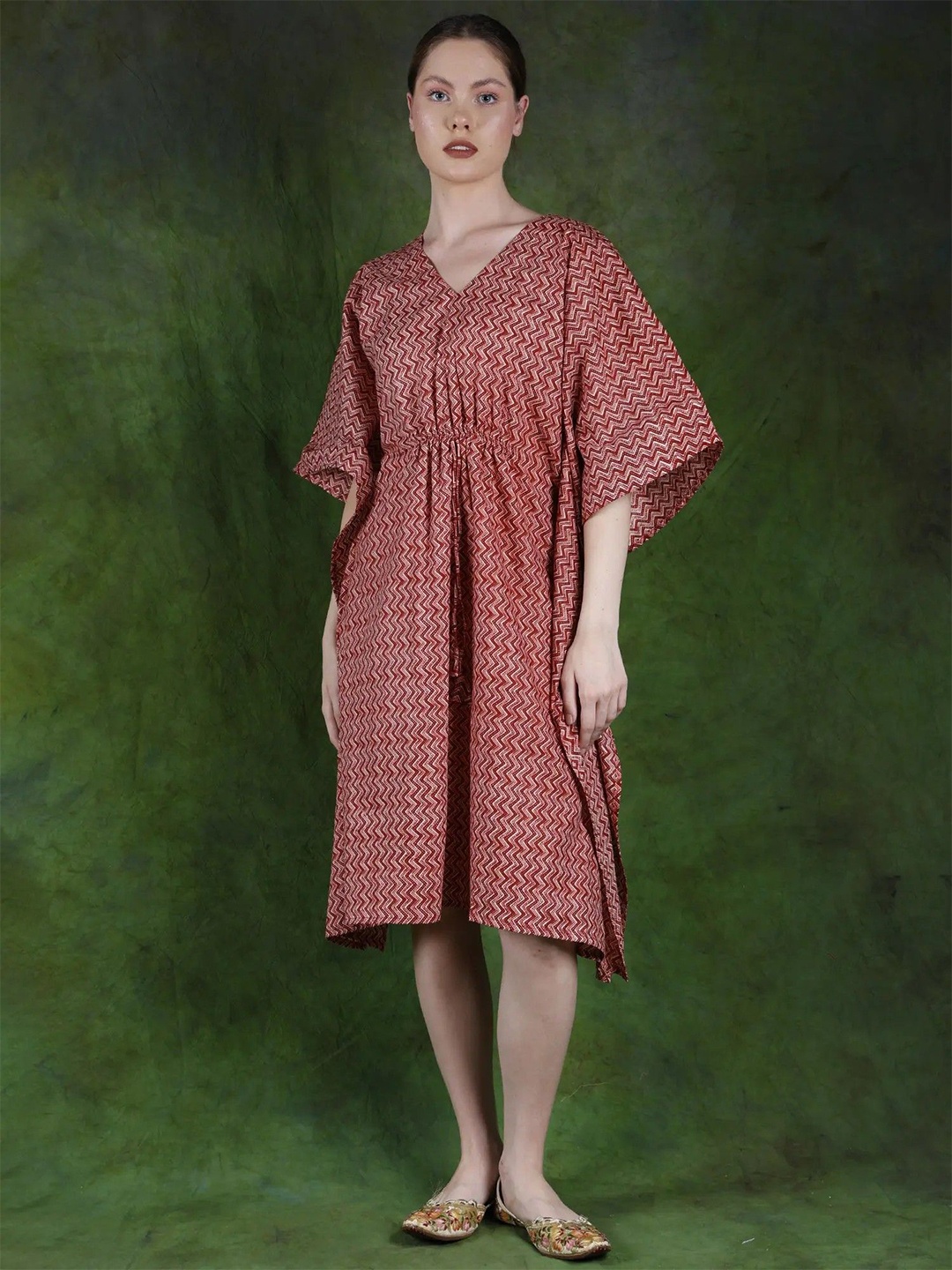 

Exotic India Burnt Henna Pure Cotton V-Neck Short Kaftan with Chevron-Dots Print, Multi