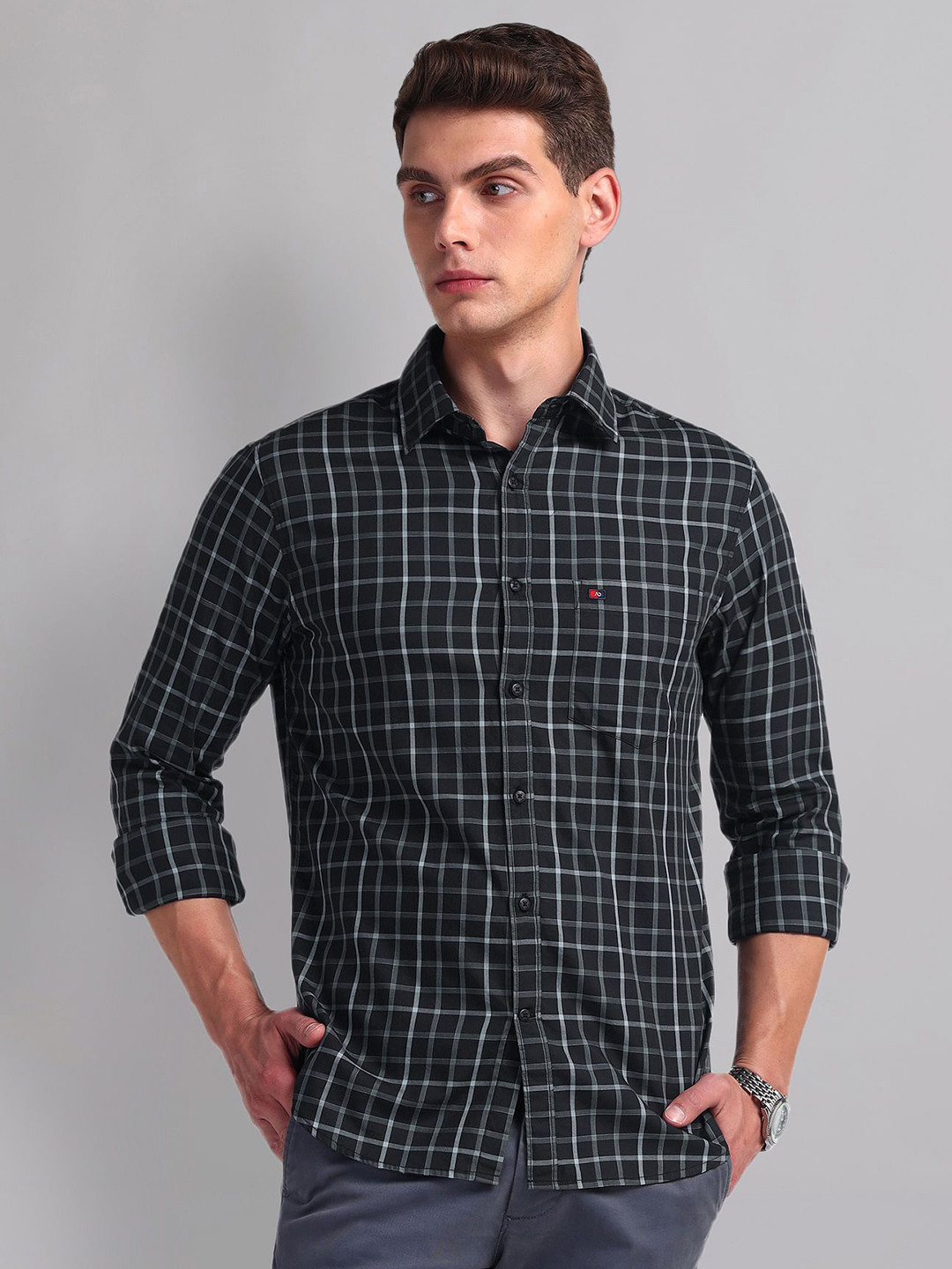 

AD By Arvind Men Slim Fit Tartan Checks Checked Casual Shirt, Black