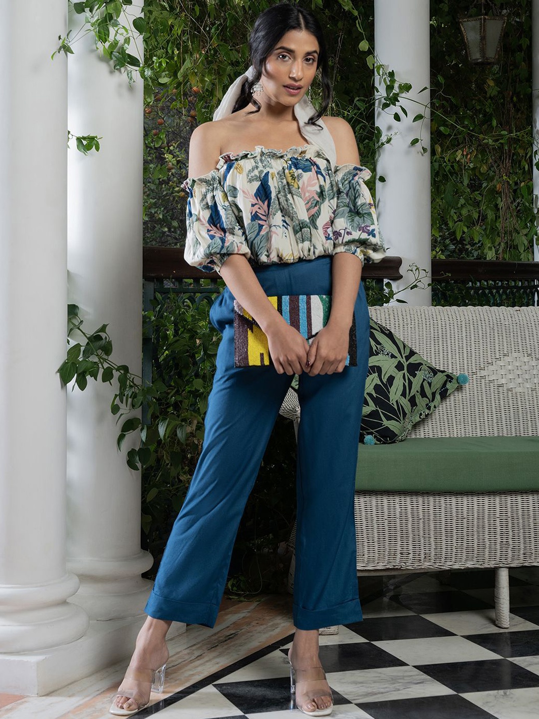 

SANSKRUTIHOMES Printed Top With Trouser Co-Ords, Blue