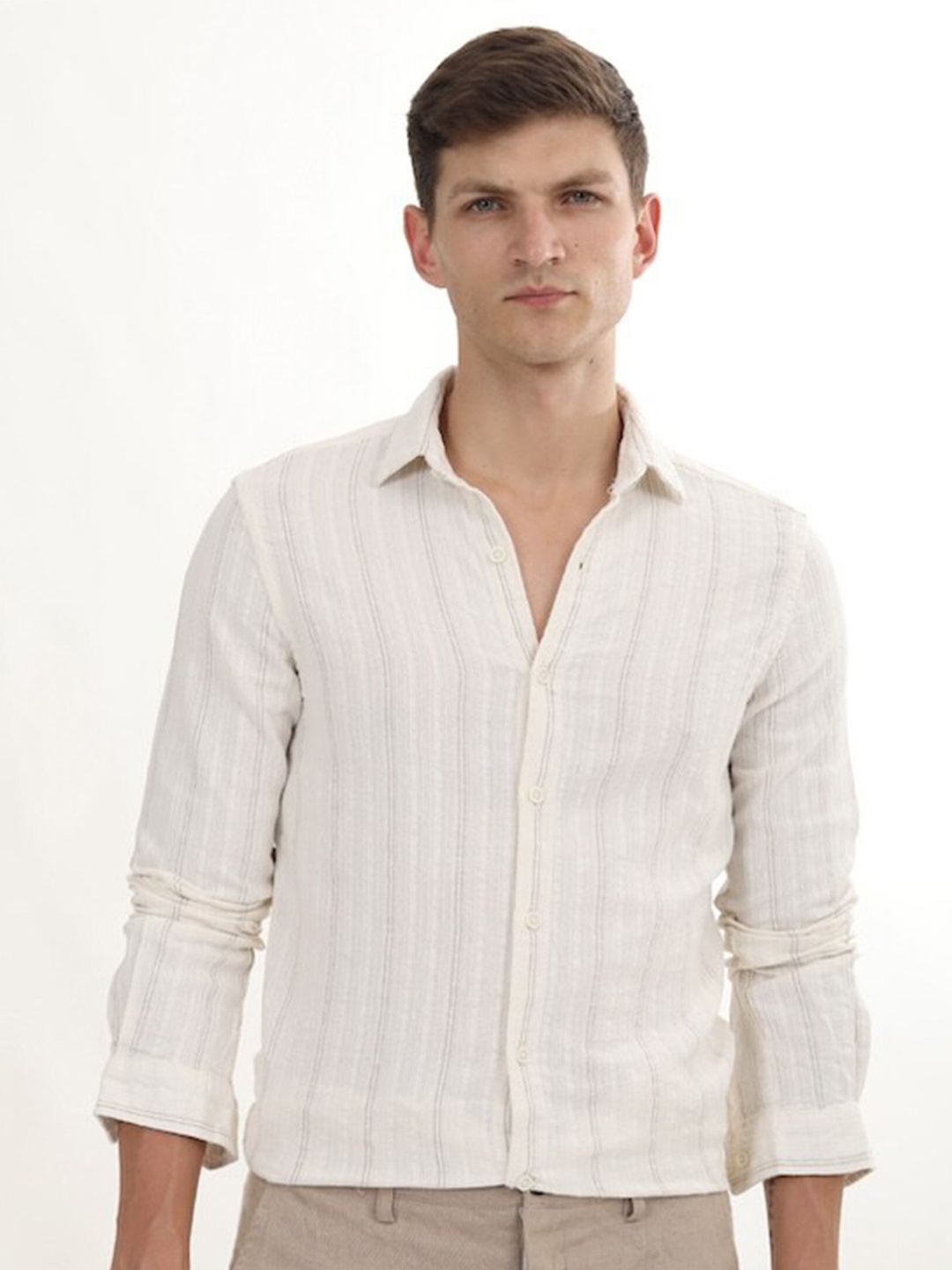 

POE Men Smart Slim Fit Opaque Striped Casual Shirt, Beige