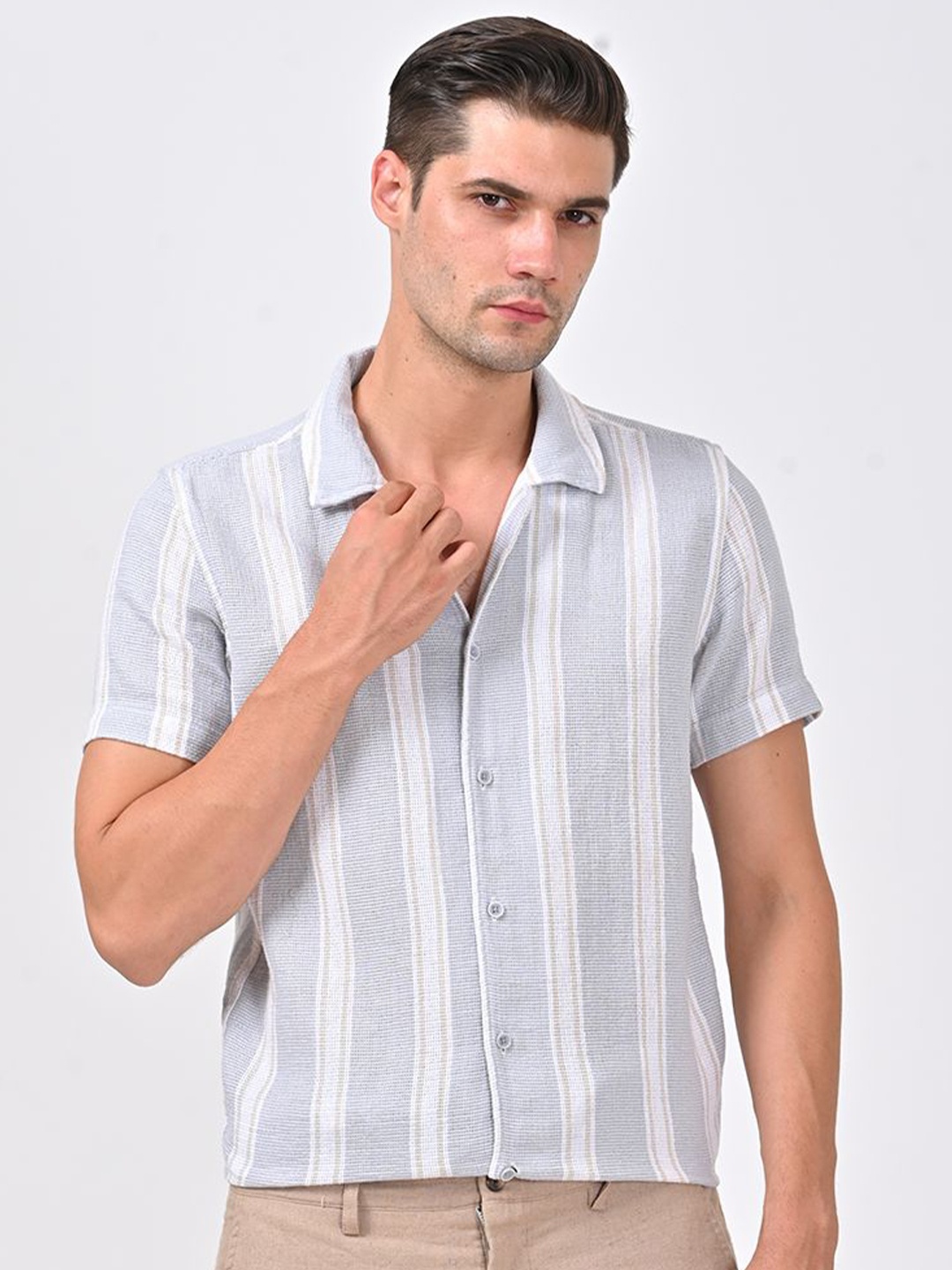 

POE Men Smart Slim Fit Opaque Striped Casual Shirt, Blue