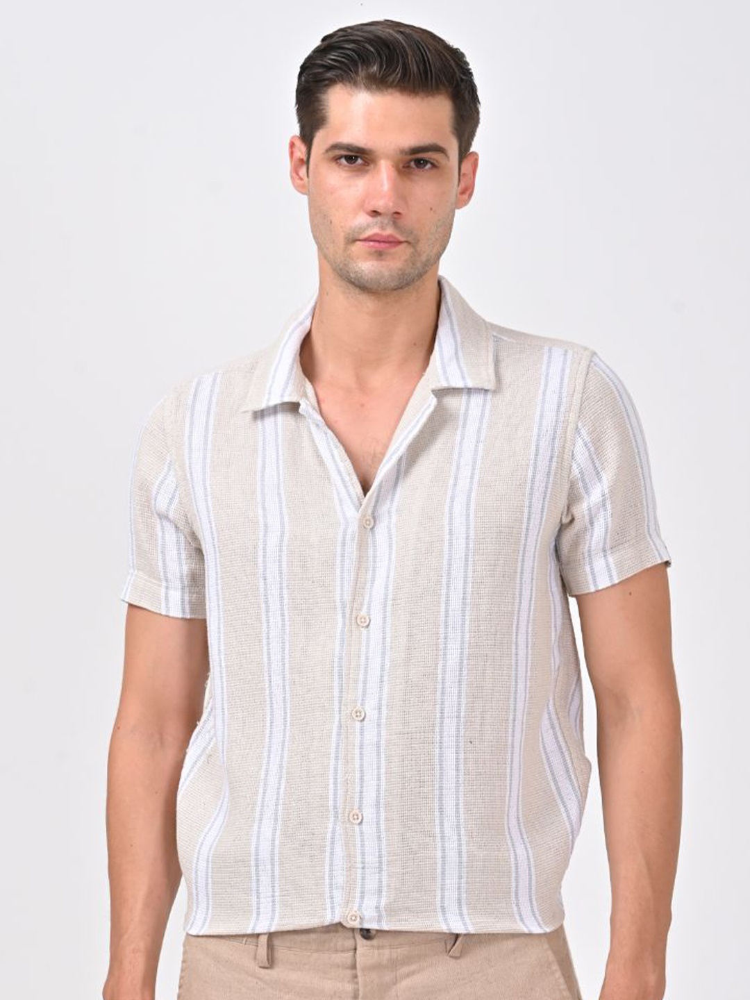 

POE Men Smart Slim Fit Opaque Striped Casual Shirt, Beige