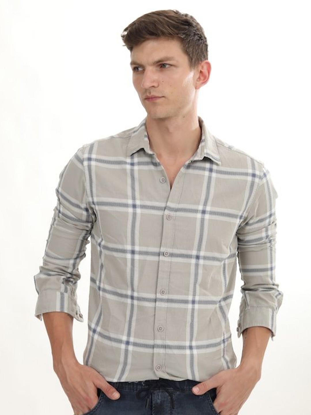 

POE Men Smart Slim Fit Opaque Checked Casual Shirt, Green