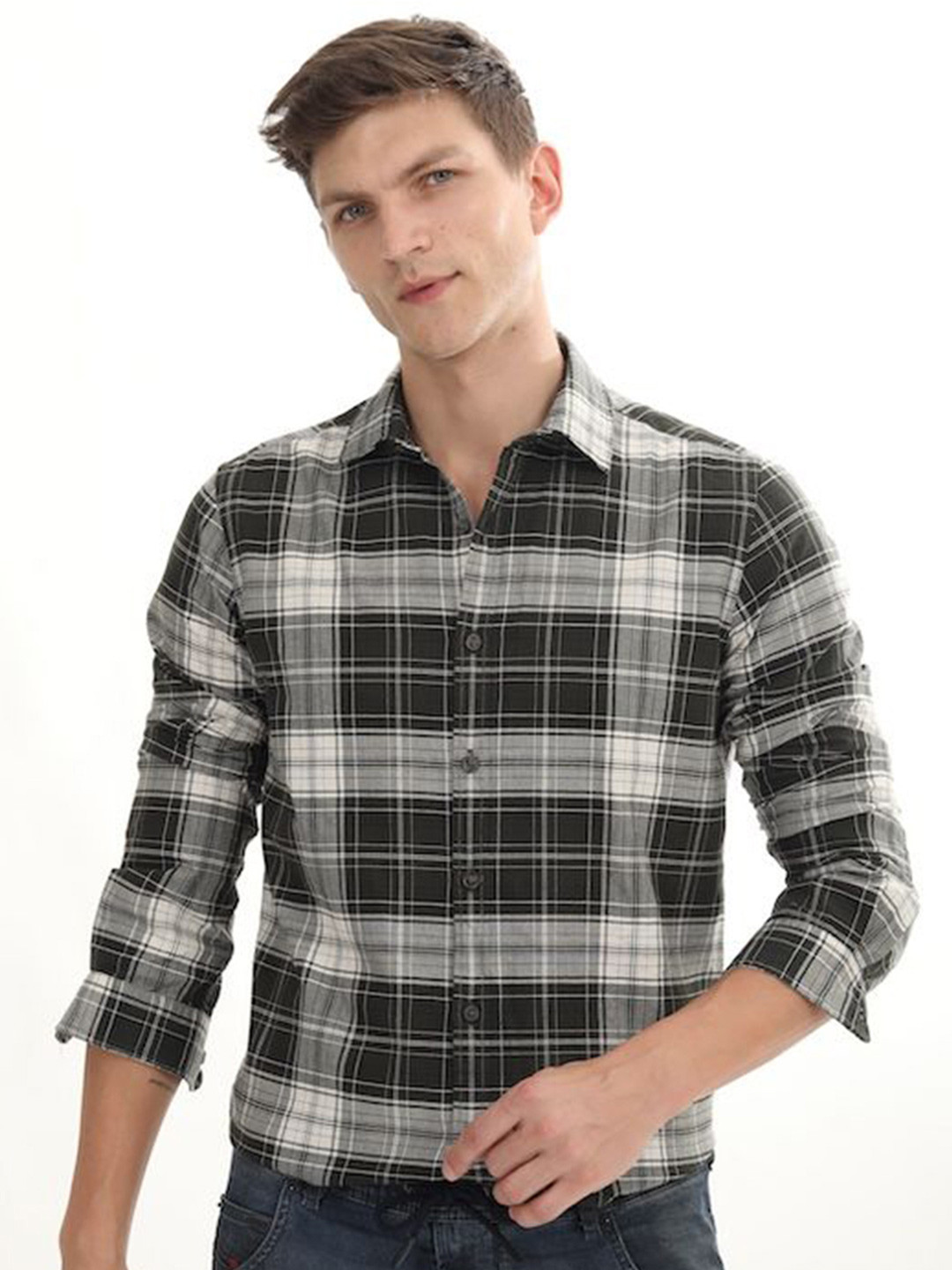 

POE Men Smart Slim Fit Tartan Checks Opaque Checked Casual Shirt, Grey