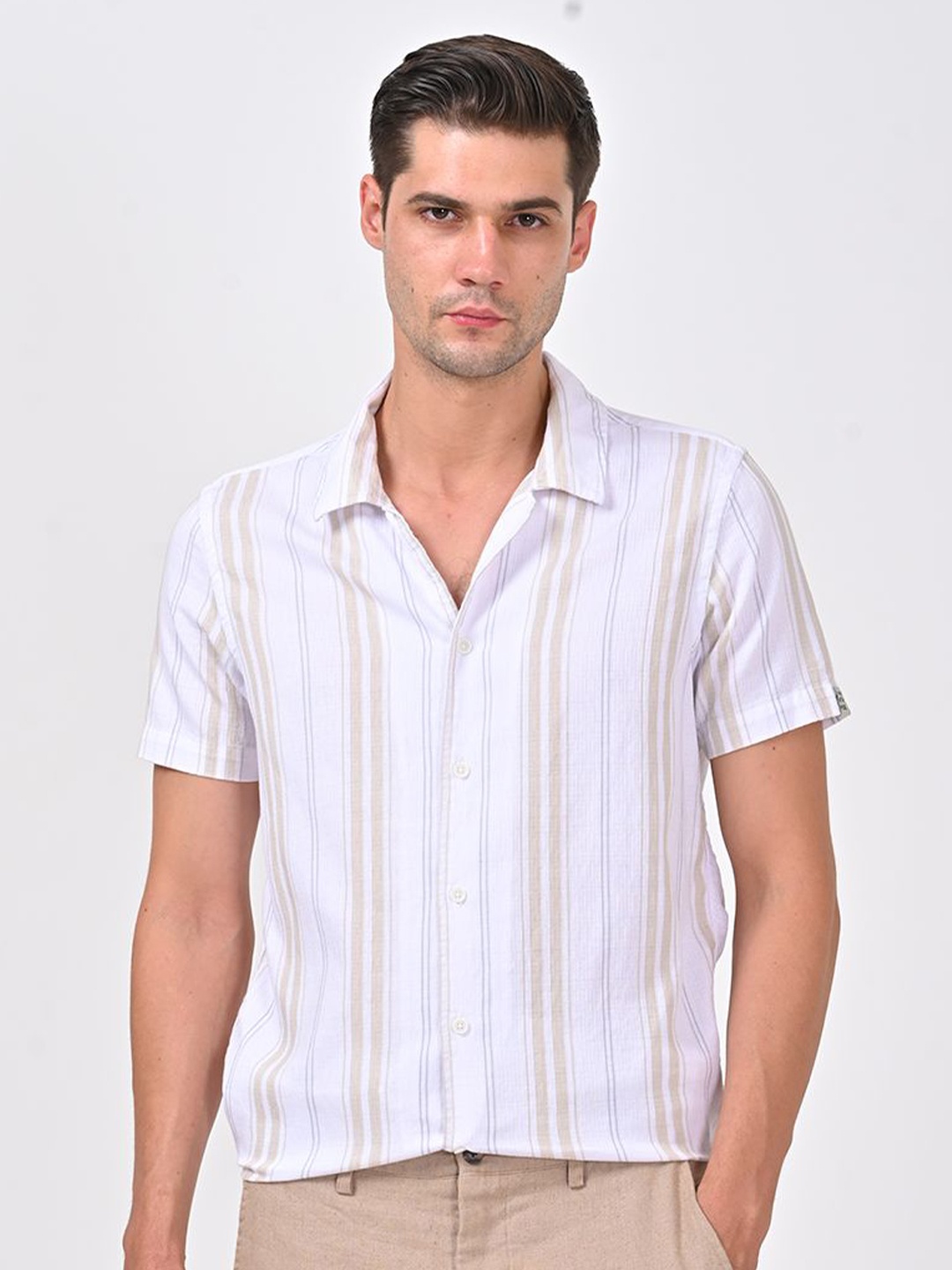 

POE Men Smart Slim Fit Opaque Striped Casual Shirt, Beige