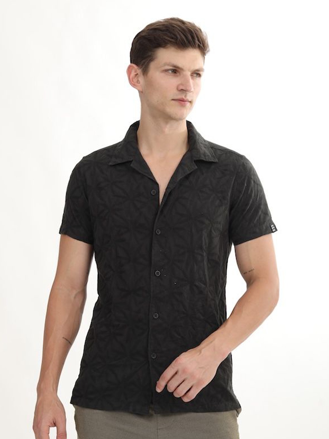 

POE Men Smart Slim Fit Floral Opaque Printed Casual Shirt, Olive