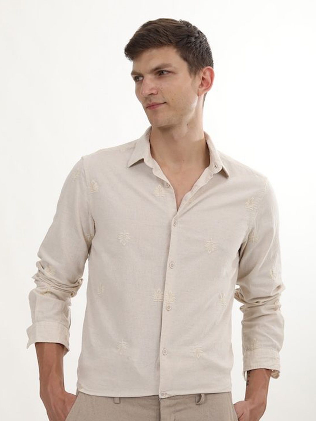 

POE Men Smart Slim Fit Opaque Casual Shirt, Beige