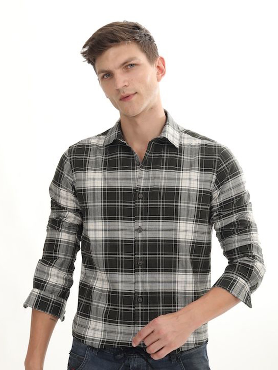 

POE Men Smart Slim Fit Tartan Checks Opaque Checked Casual Shirt, Green