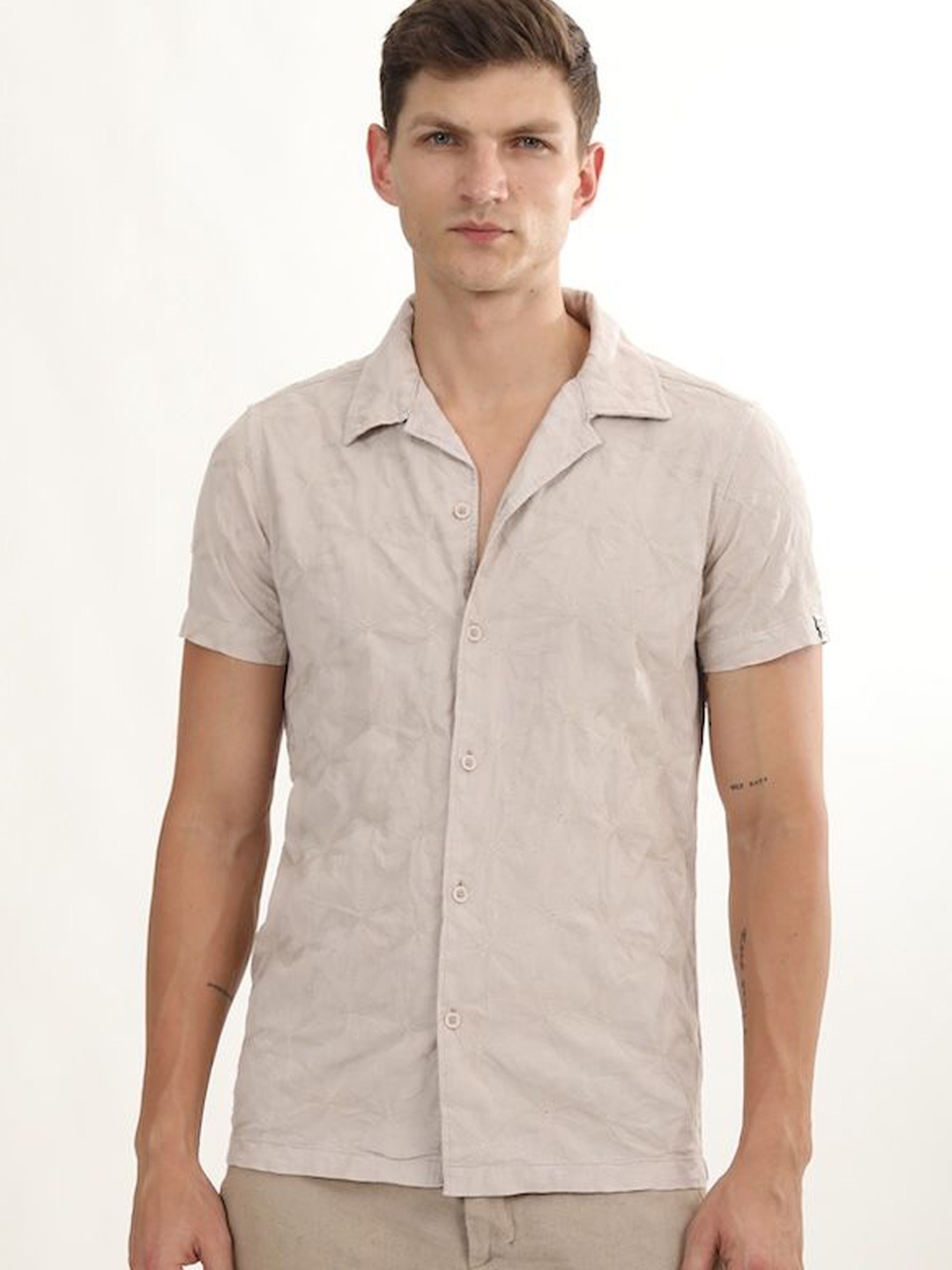 

POE Men Smart Slim Fit Opaque Casual Shirt, Beige