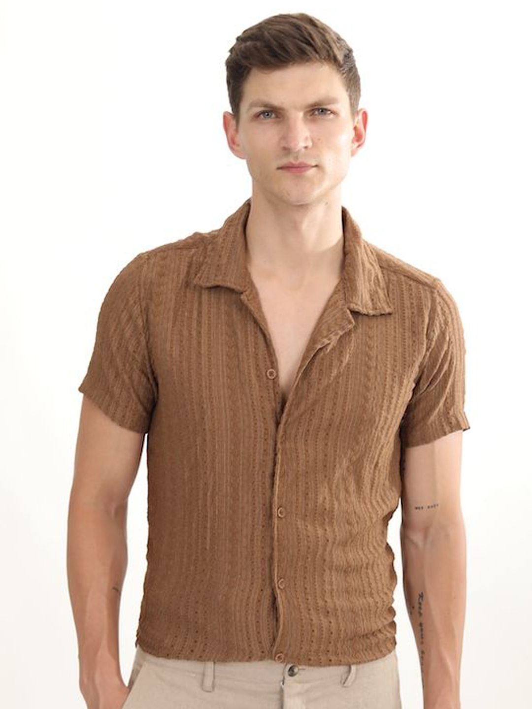 

POE Men Smart Slim Fit Opaque Checked Casual Shirt, Khaki