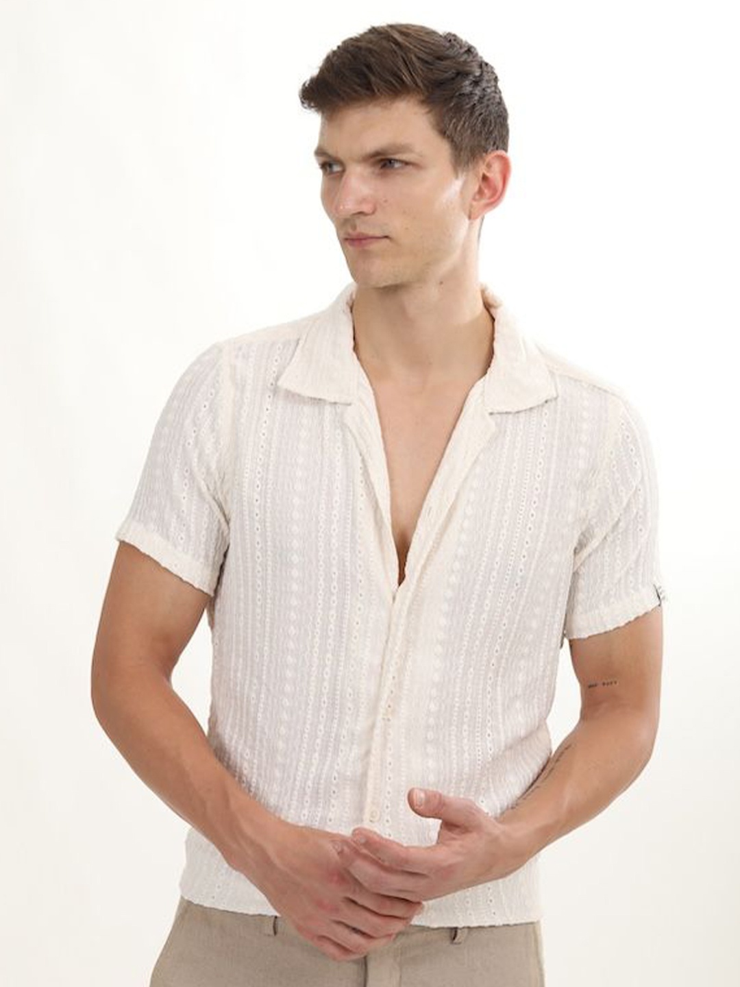

POE Men Smart Slim Fit Micro Checks Opaque Checked Casual Shirt, Off white