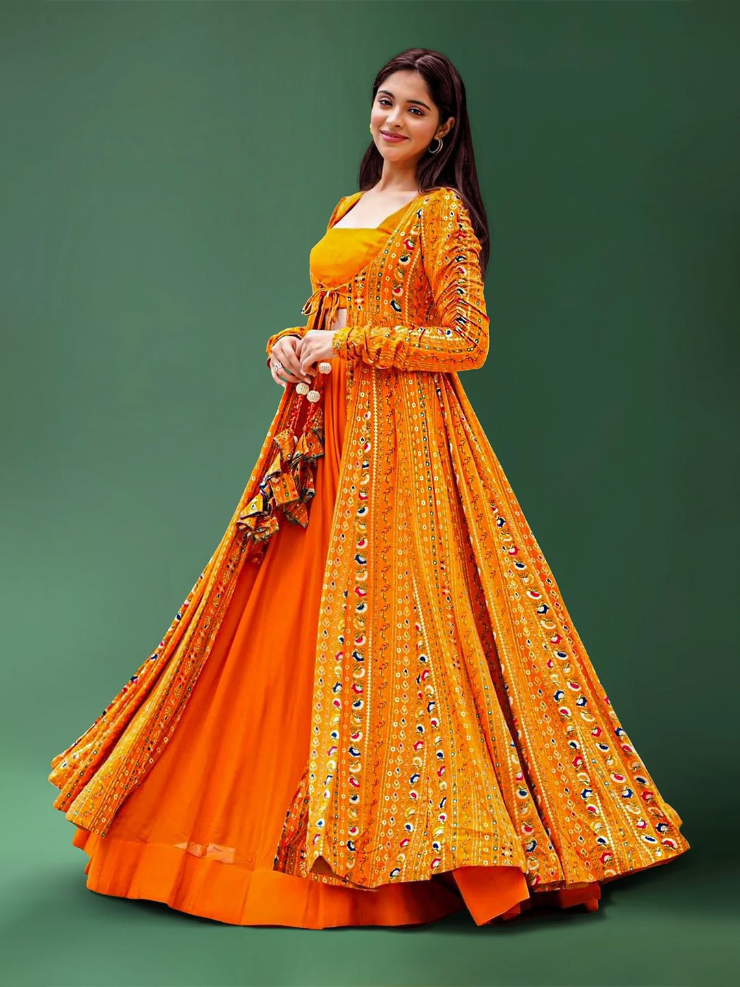 

saree.com Orange Crop Top Lehenga Set in Georgette with Printed Long Shurg