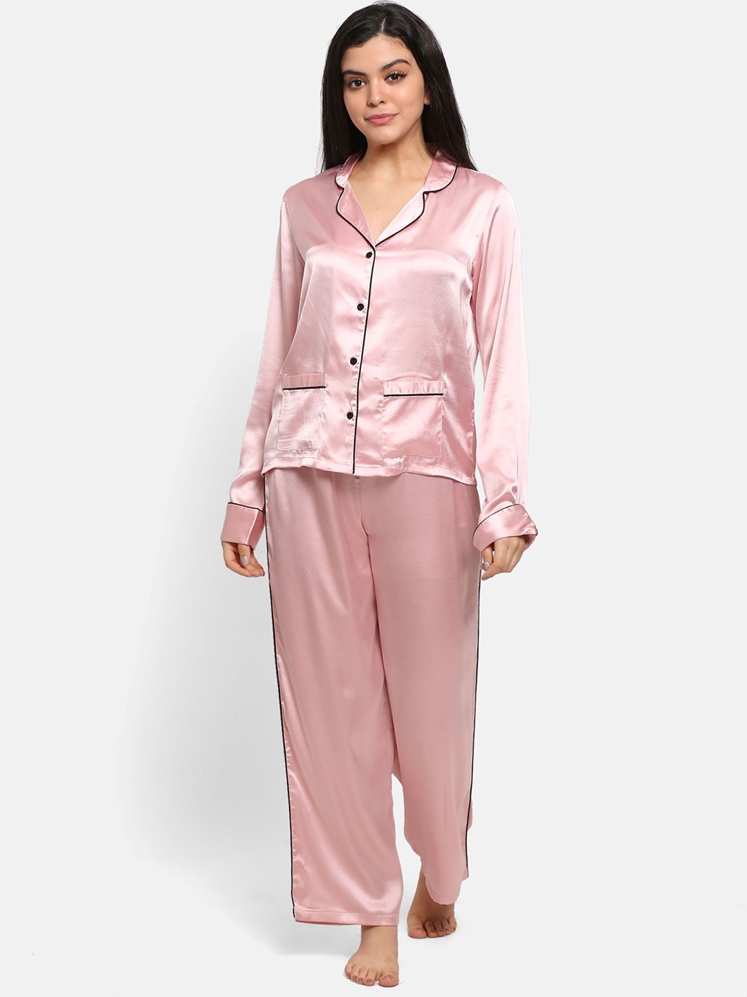 

PRETTY LOVING THING Lapel Collar Satin Shirt With Pyjamas, Pink