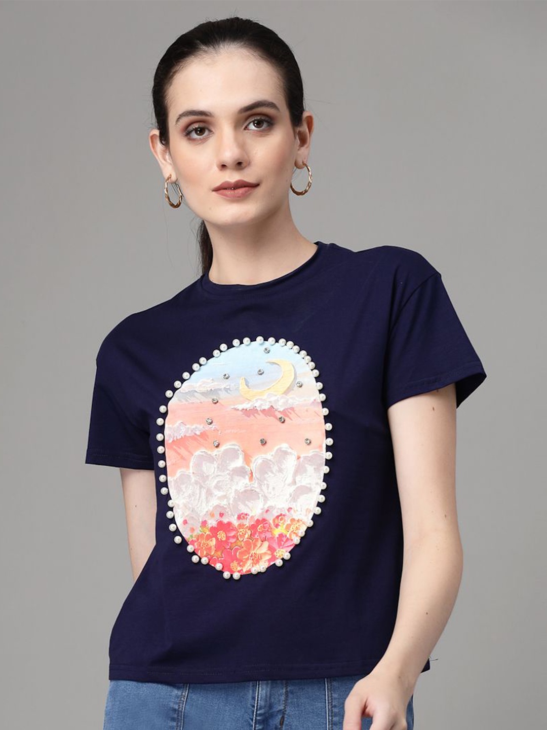 

Global Republic Floral Print Cotton Top, Navy blue