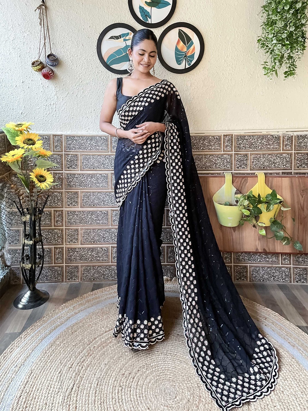 

Mitera Embellished Sequinned Saree, Black