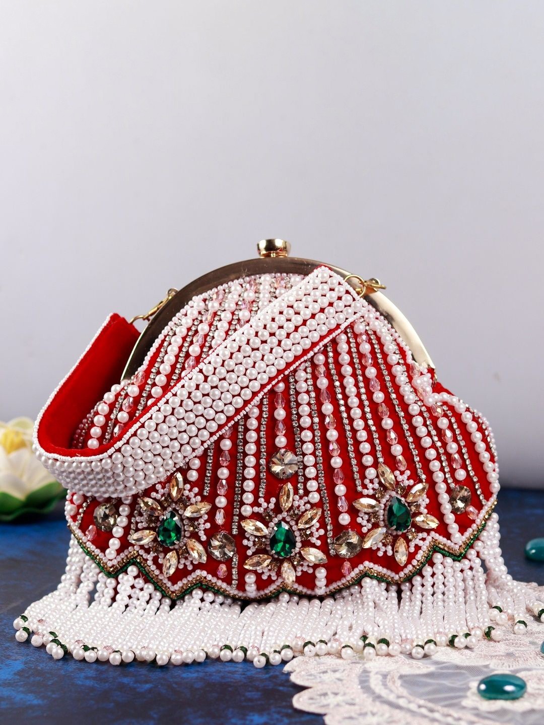 

THE TAN CLAN Embellished Tasselled Half Moon Clutch, Red