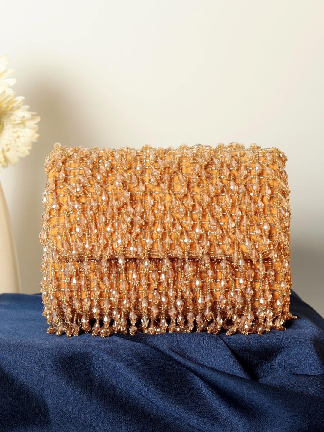 

THE TAN CLAN Embellished Embroidered Foldover Clutch, Orange