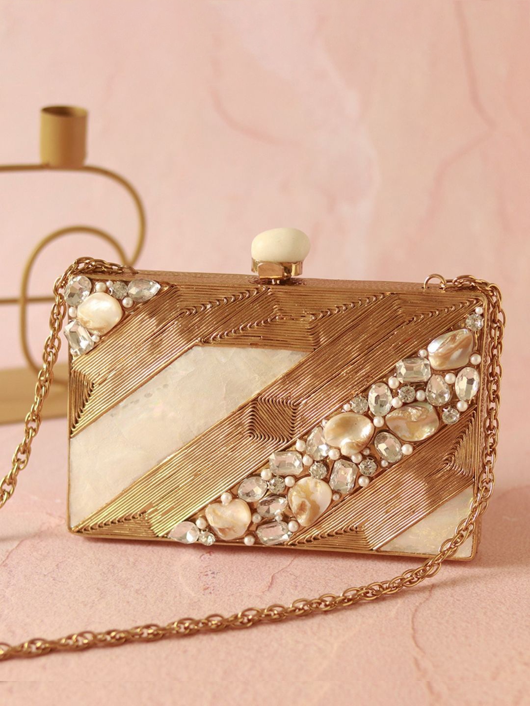 

THE TAN CLAN Embellished Mother of Pearl Box Clutch, Gold