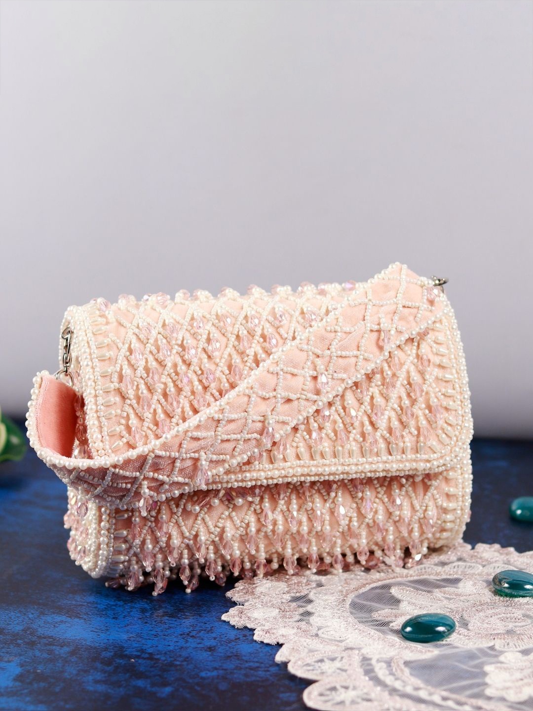 

THE TAN CLAN Embroidered Foldover Clutch, Peach