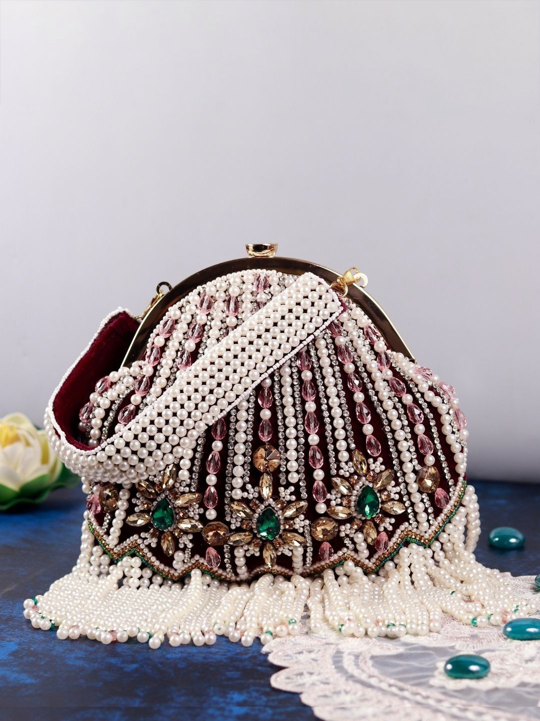 

THE TAN CLAN Embellished Tasselled Half Moon Clutch, Maroon