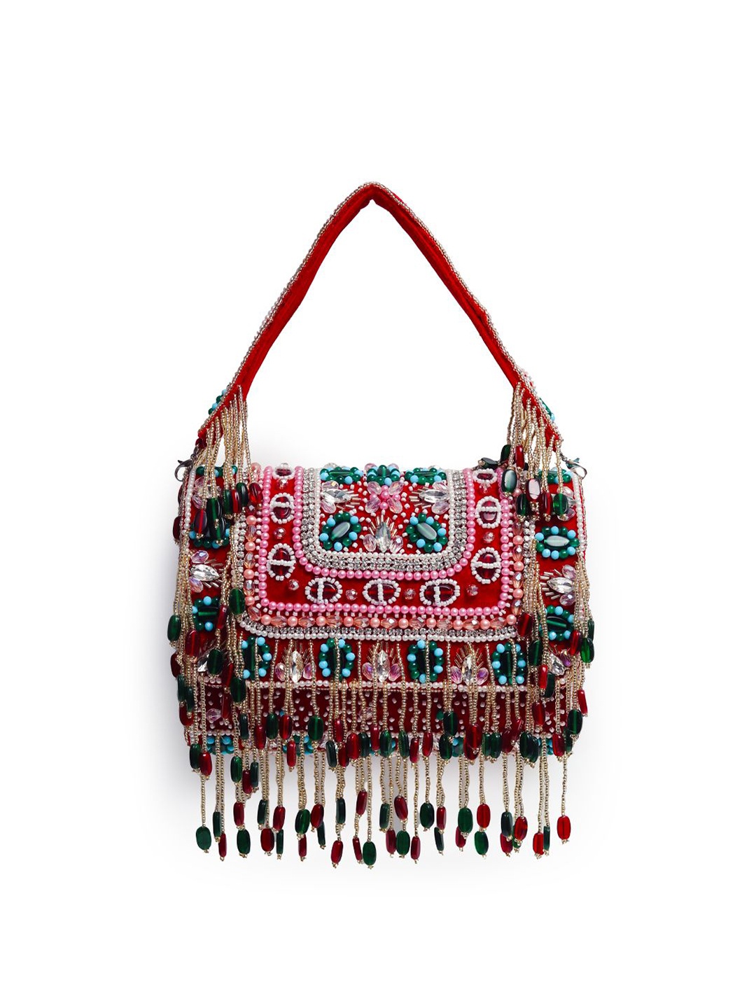 

THE TAN CLAN Embellished Tasselled Foldover Clutch, Red