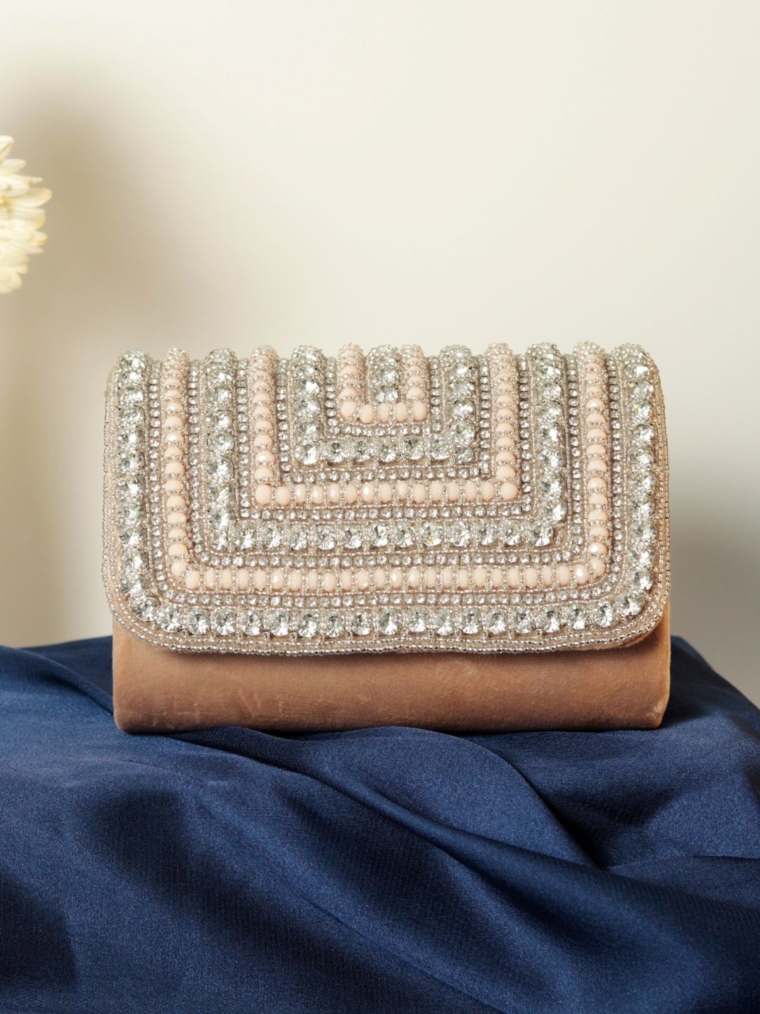 

THE TAN CLAN Embellished Foldover Clutch, Beige