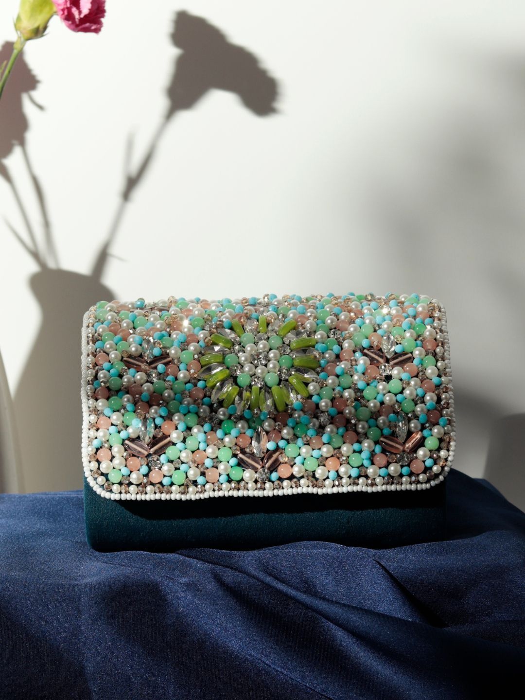 

THE TAN CLAN Embroidered Foldover Clutch, Blue
