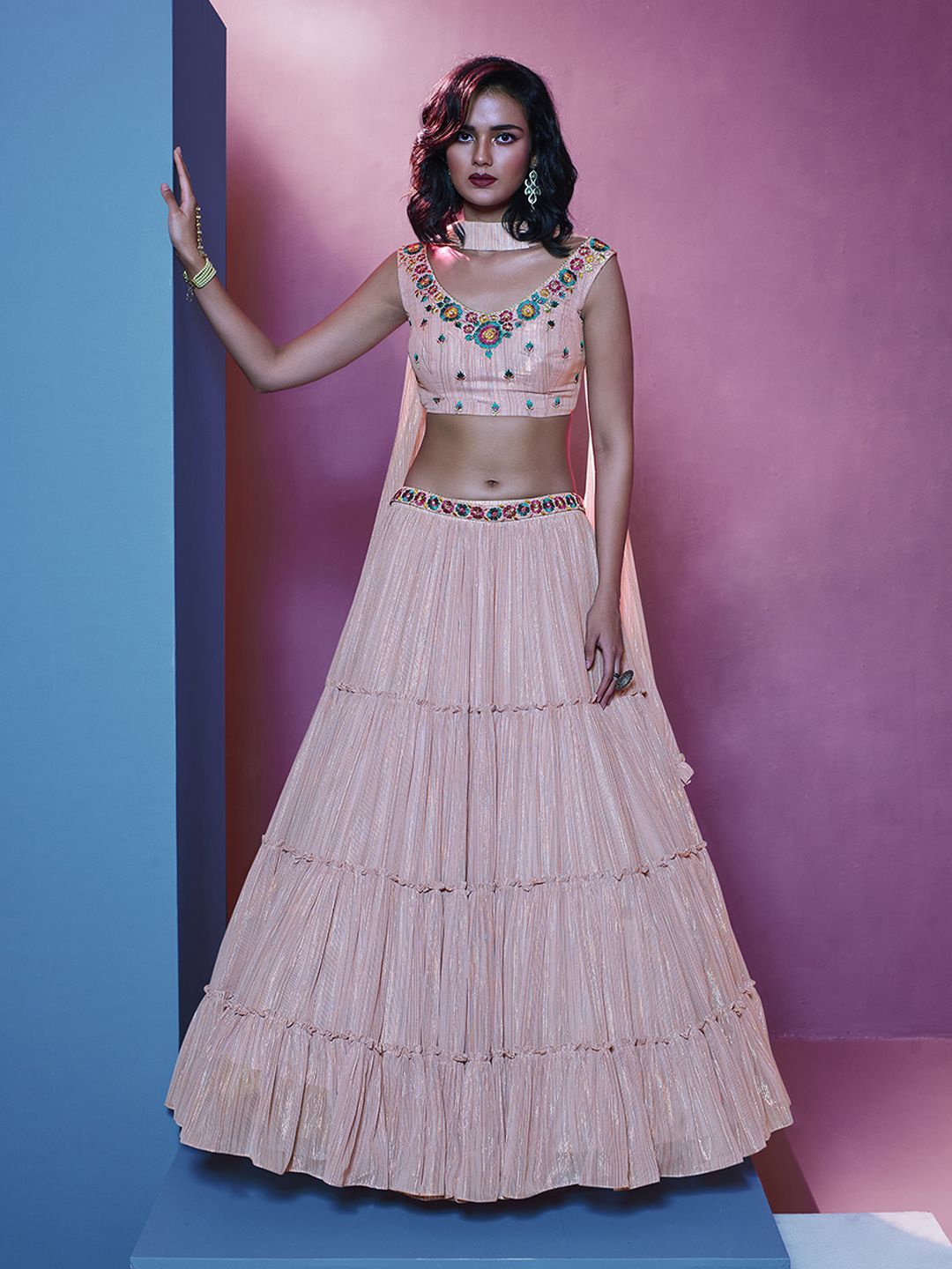 

Fusionic Embroidered Thread Work Semi-Stitched Lehenga & Unstitched Blouse With Dupatta, Pink