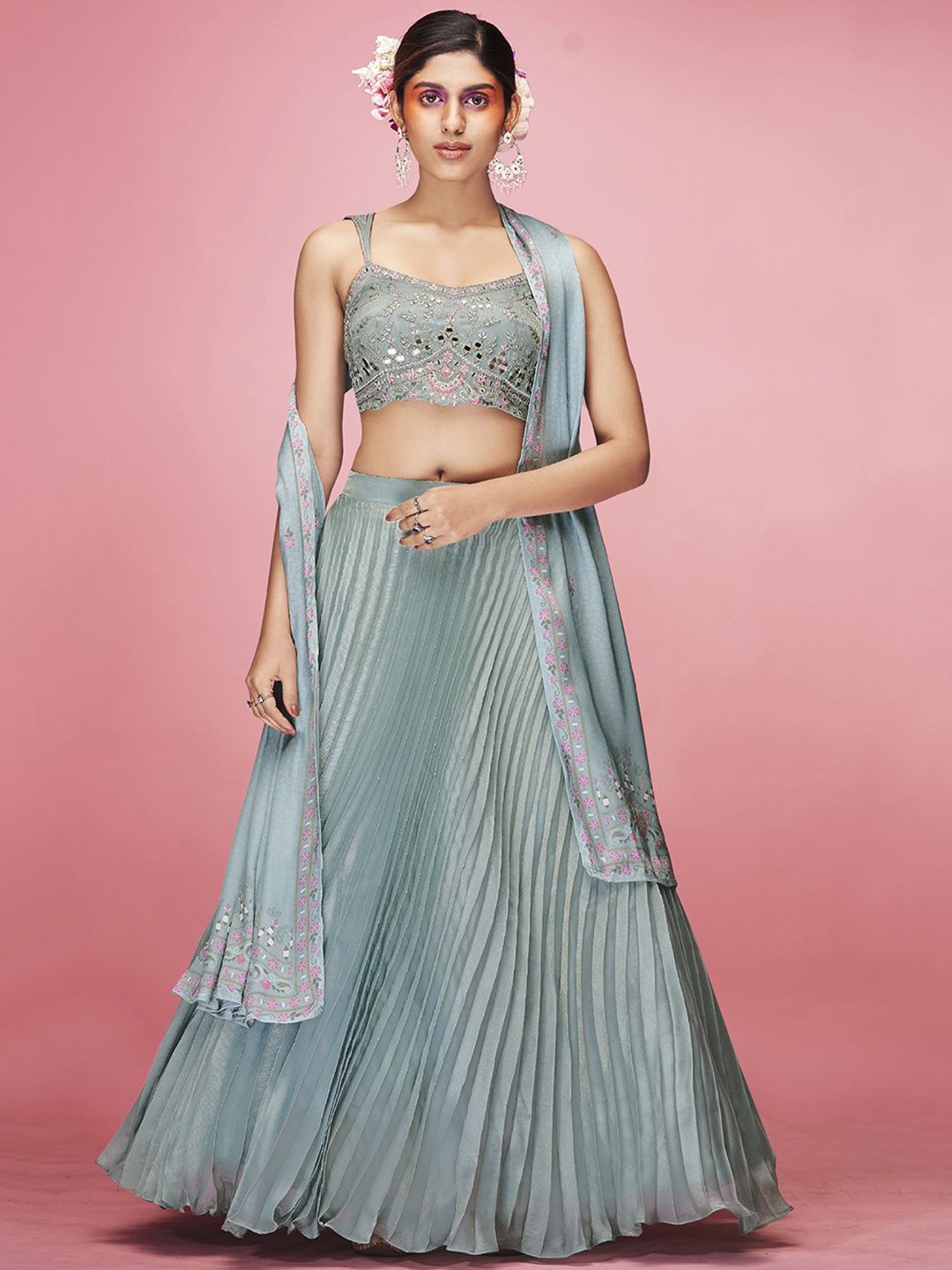 

Fusionic Embroidered Mirror Work Semi-Stitched Lehenga & Unstitched Blouse With Dupatta, Blue