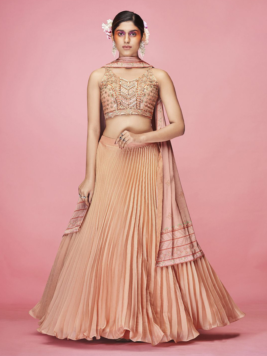 

Fusionic Embroidered Mirror Work Semi-Stitched Lehenga & Unstitched Blouse With Dupatta, Peach