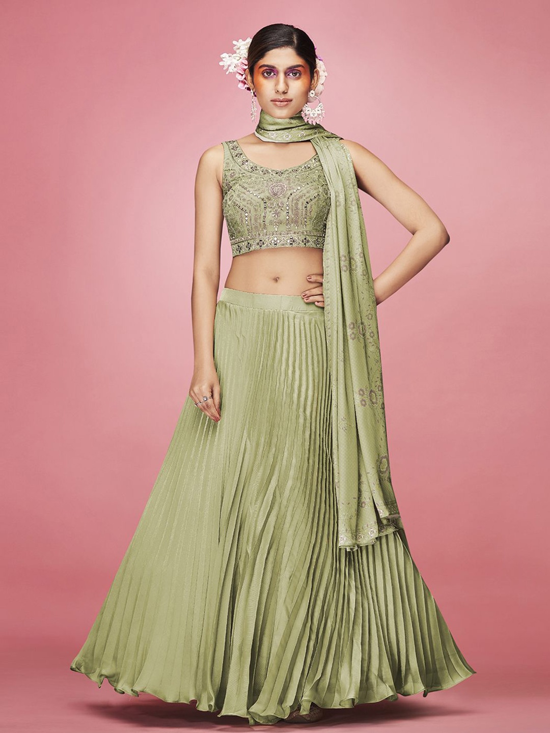 

Fusionic Embroidered Mirror Work Semi-Stitched Lehenga & Unstitched Blouse With Dupatta, Olive