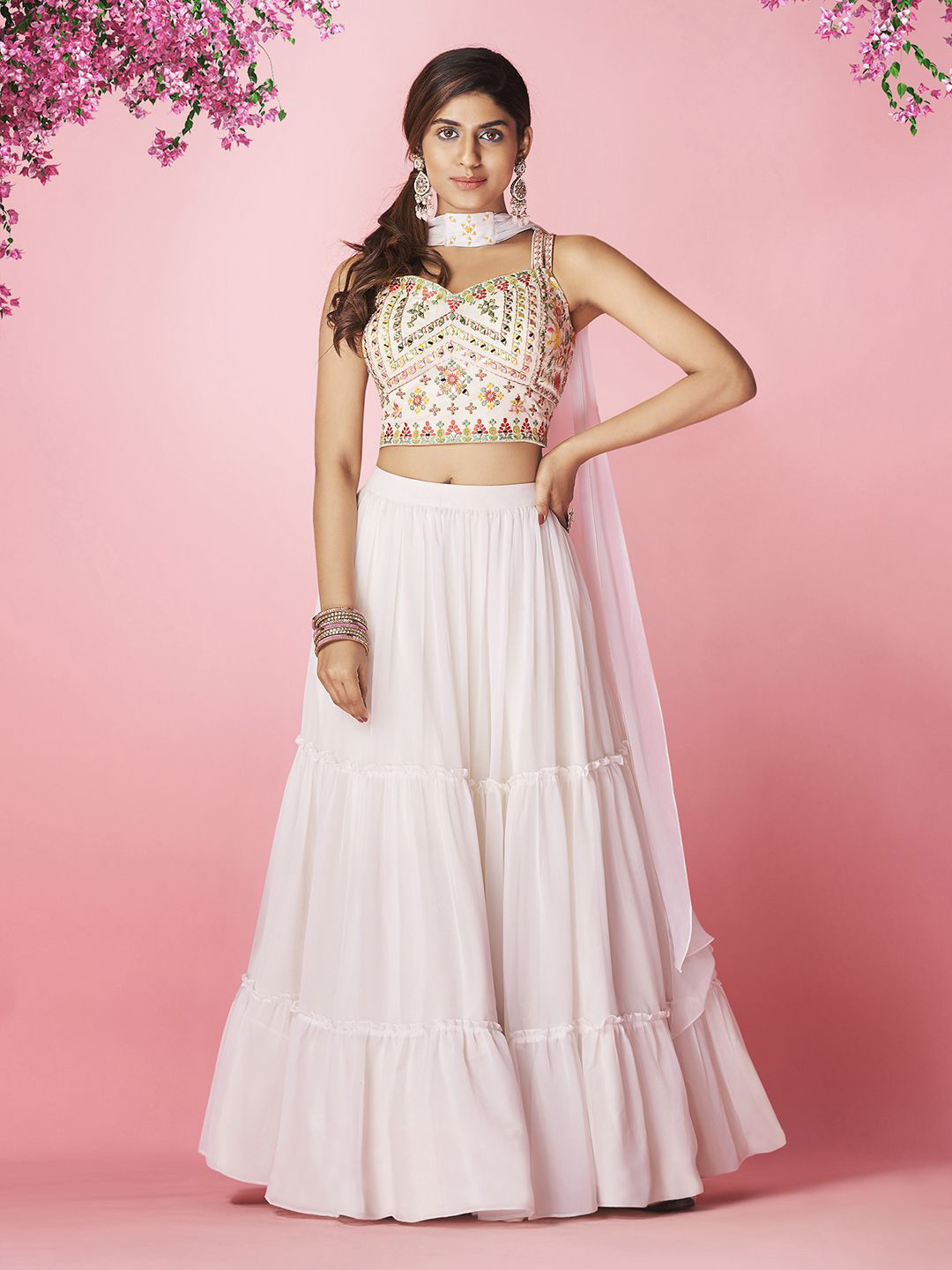 

Fusionic Embroidered Mirror Work Semi-Stitched Lehenga & Unstitched Blouse With Dupatta, White