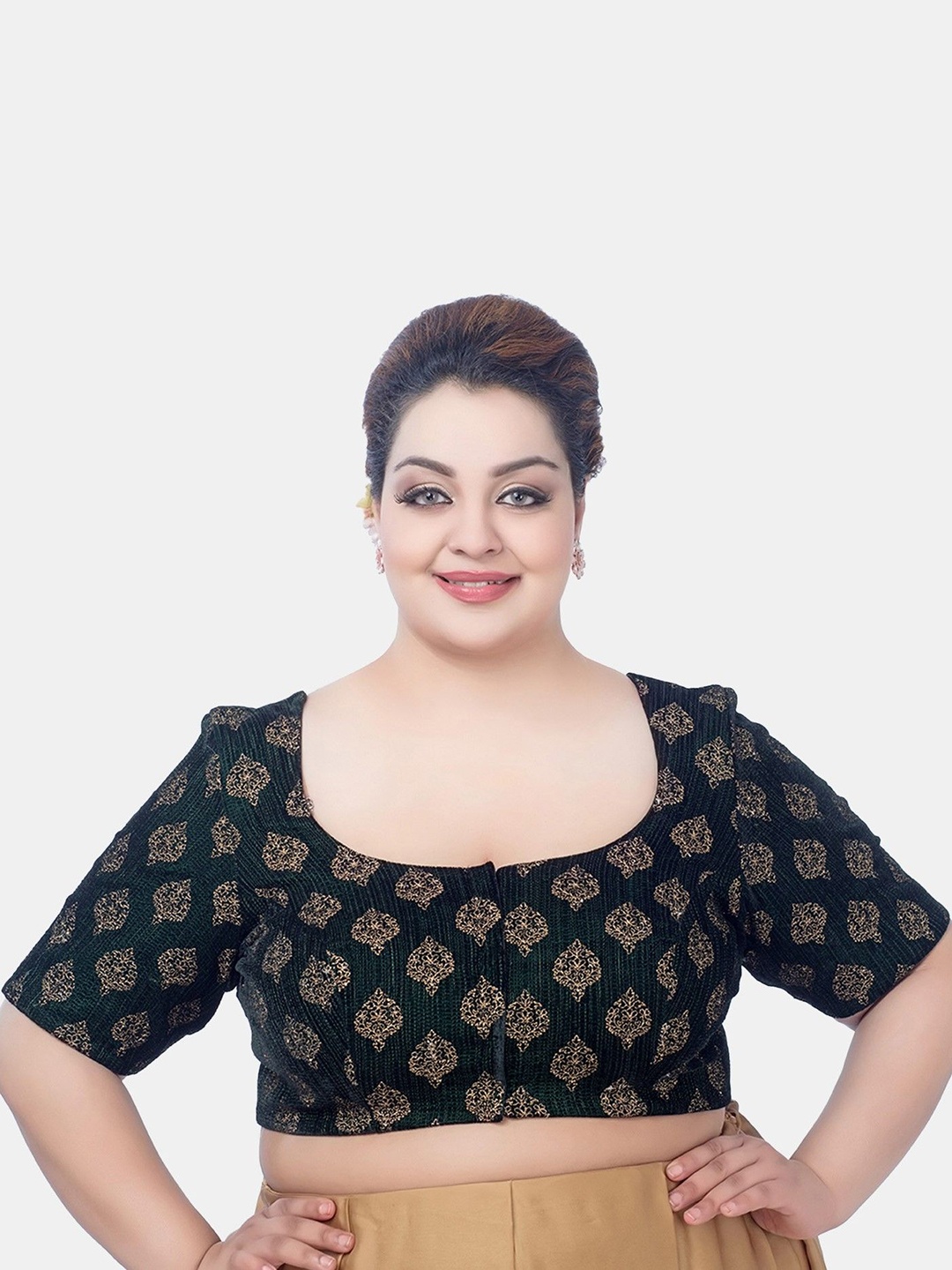 

FEMMIBELLA Velvet Printed Saree Blouse, Green