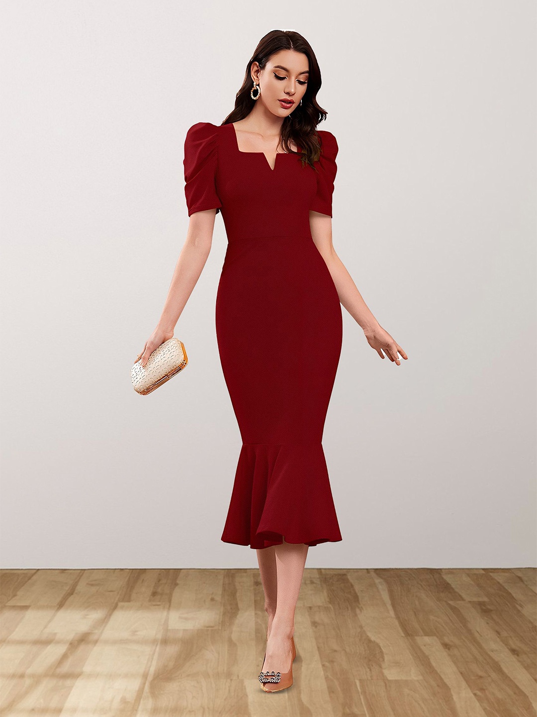 

N N ENTERPRISE Puff Sleeve Sheath Dress, Maroon
