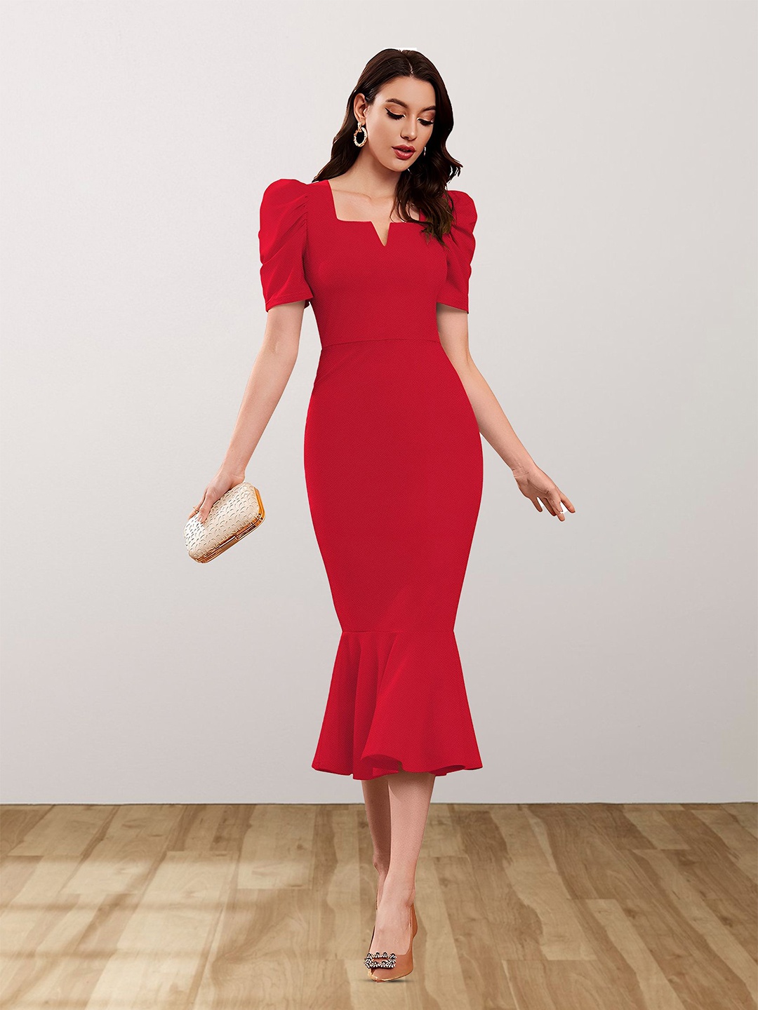 

N N ENTERPRISE Puff Sleeve Sheath Dress, Red