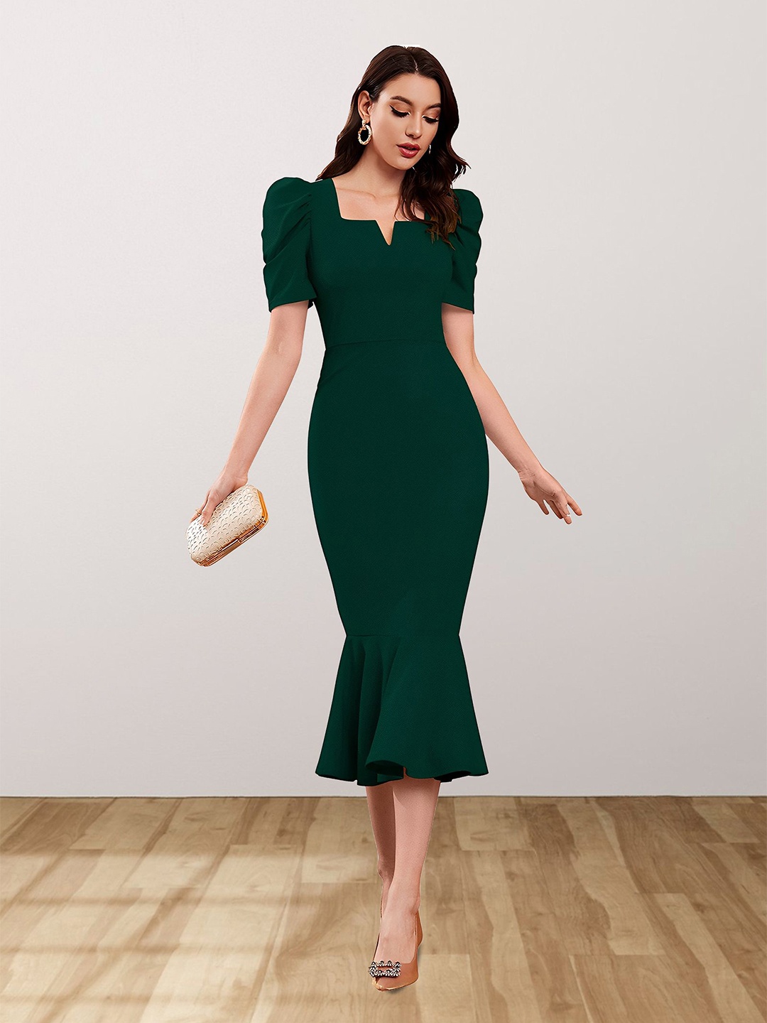 

N N ENTERPRISE Puff Sleeve Sheath Midi Dress, Green