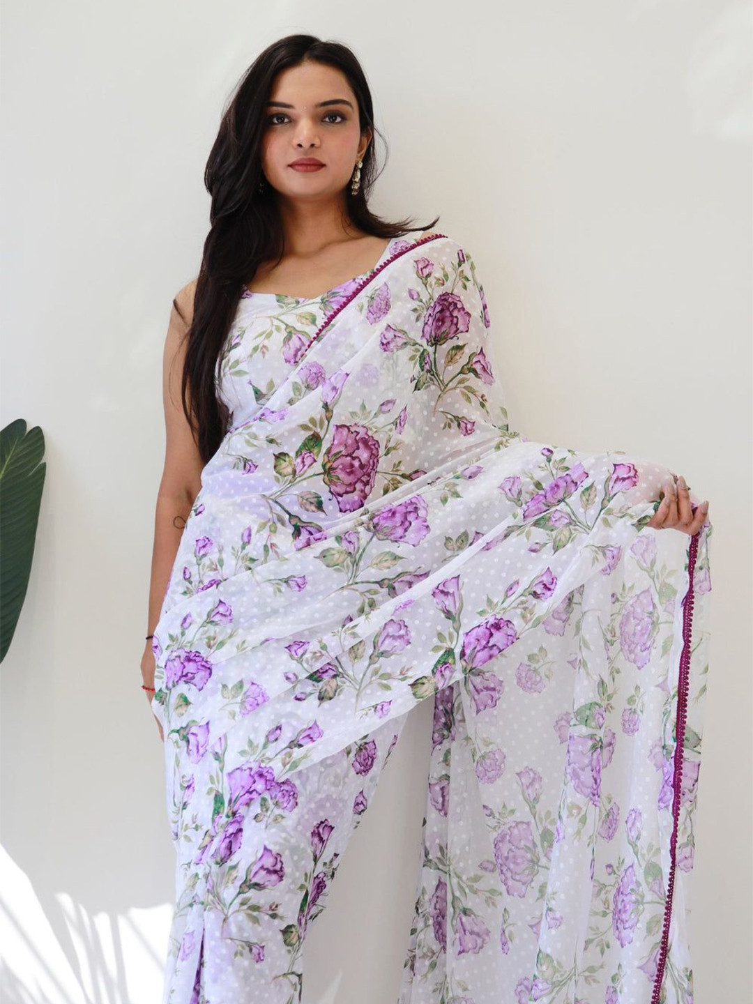 

TIEXA Floral Ready to Wear Block Print Saree, White