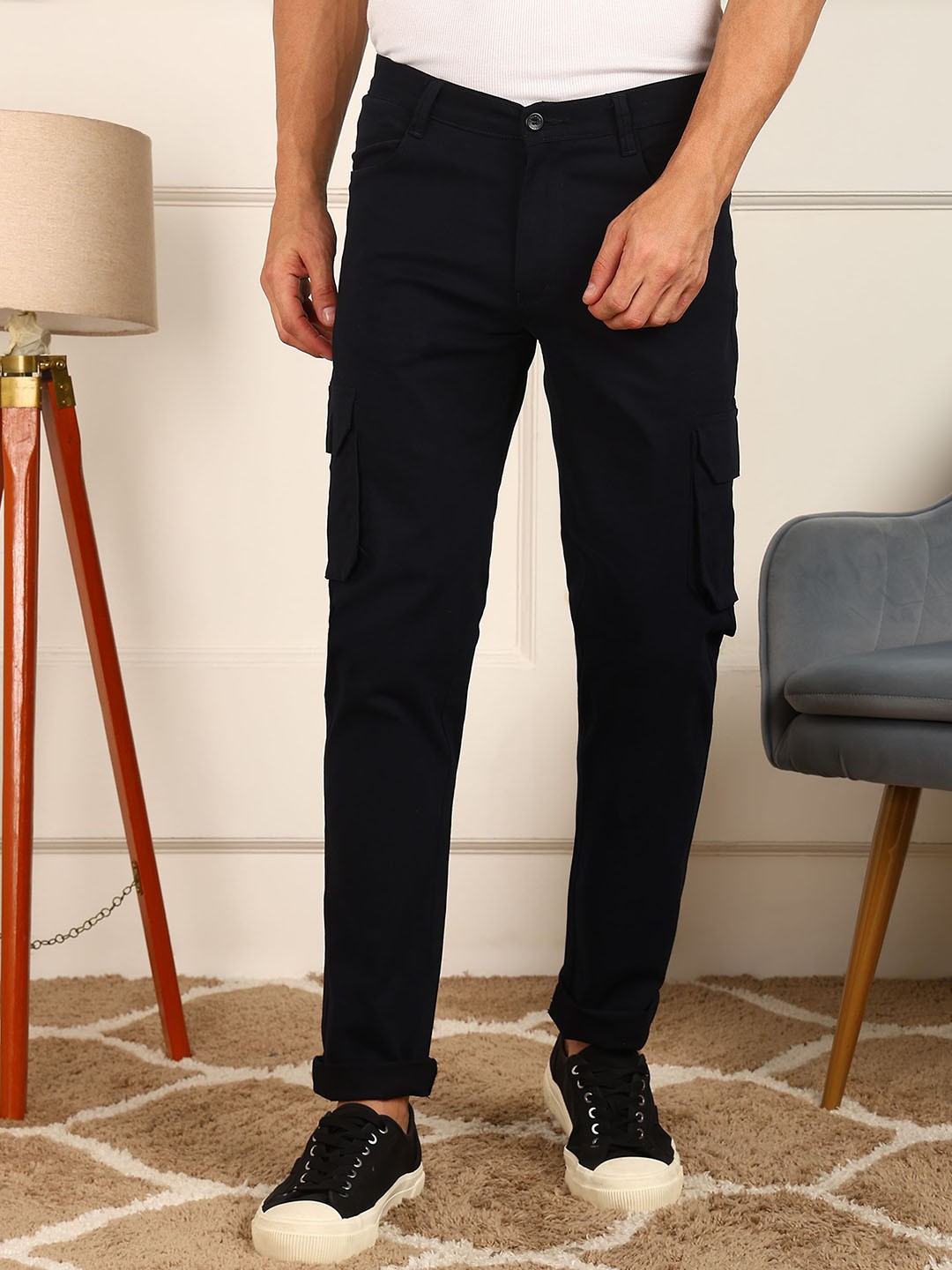 

FUBAR Men Slim Fit Mid-Rise Cargo Trousers, Navy blue